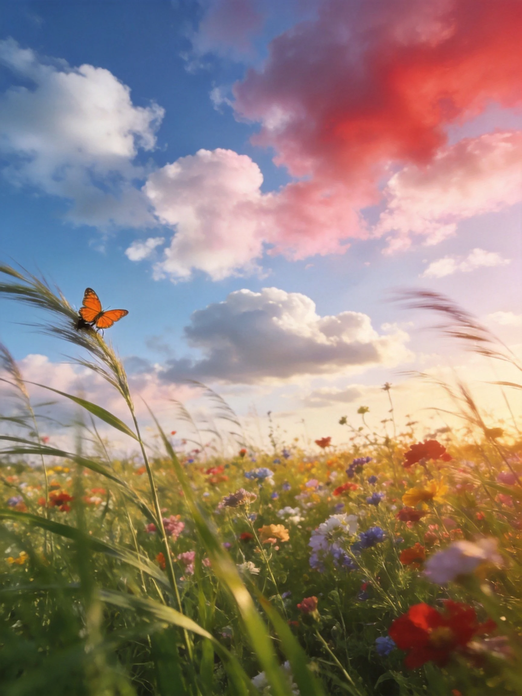 A vibrant meadow with multicolored wildflowers, tall grass, and an orange butterfly under a colorful 