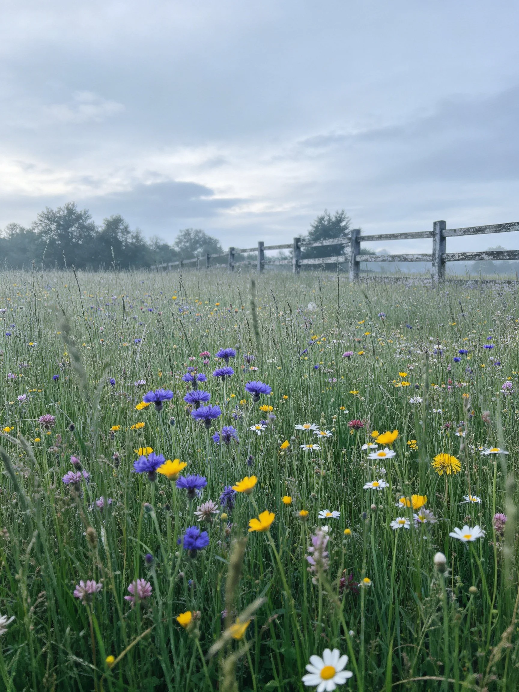 A vibrant meadow with purple, yellow, and white wildflowers near a weathered wooden fence