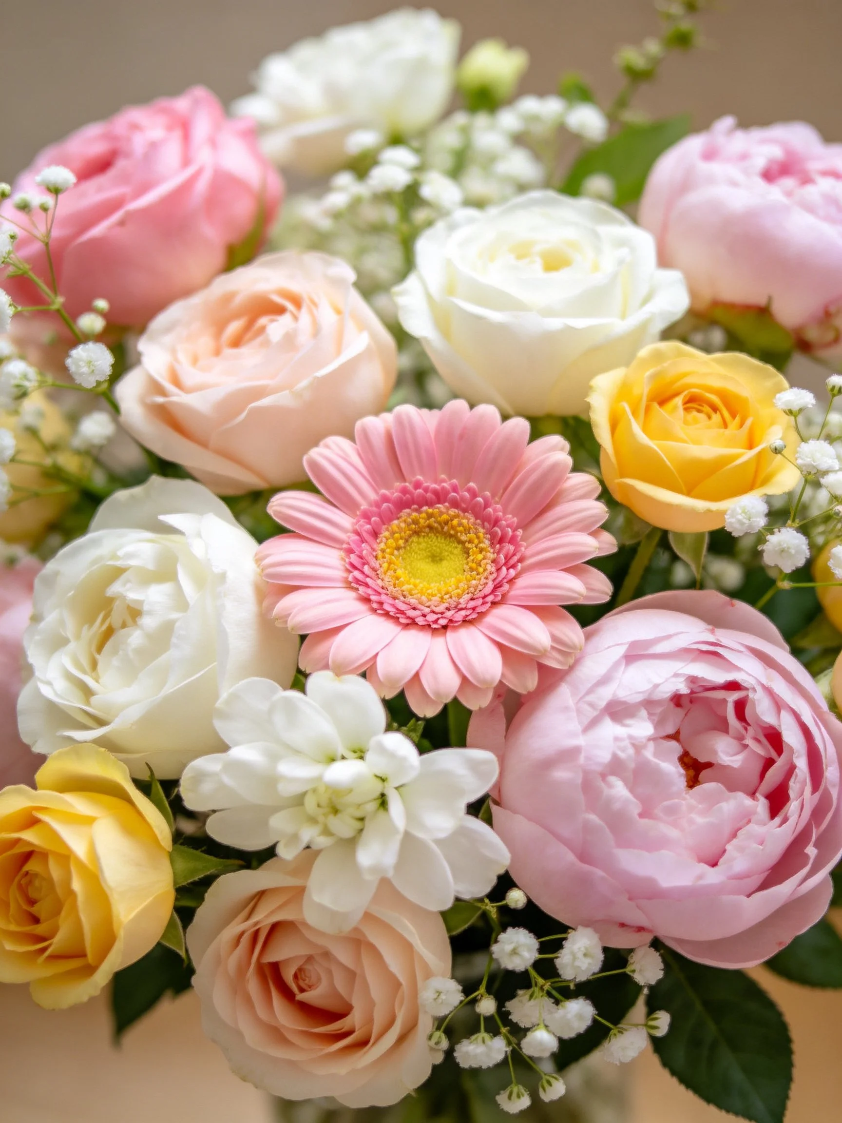 A vibrant mixed-bloom bouquet in soft pastels