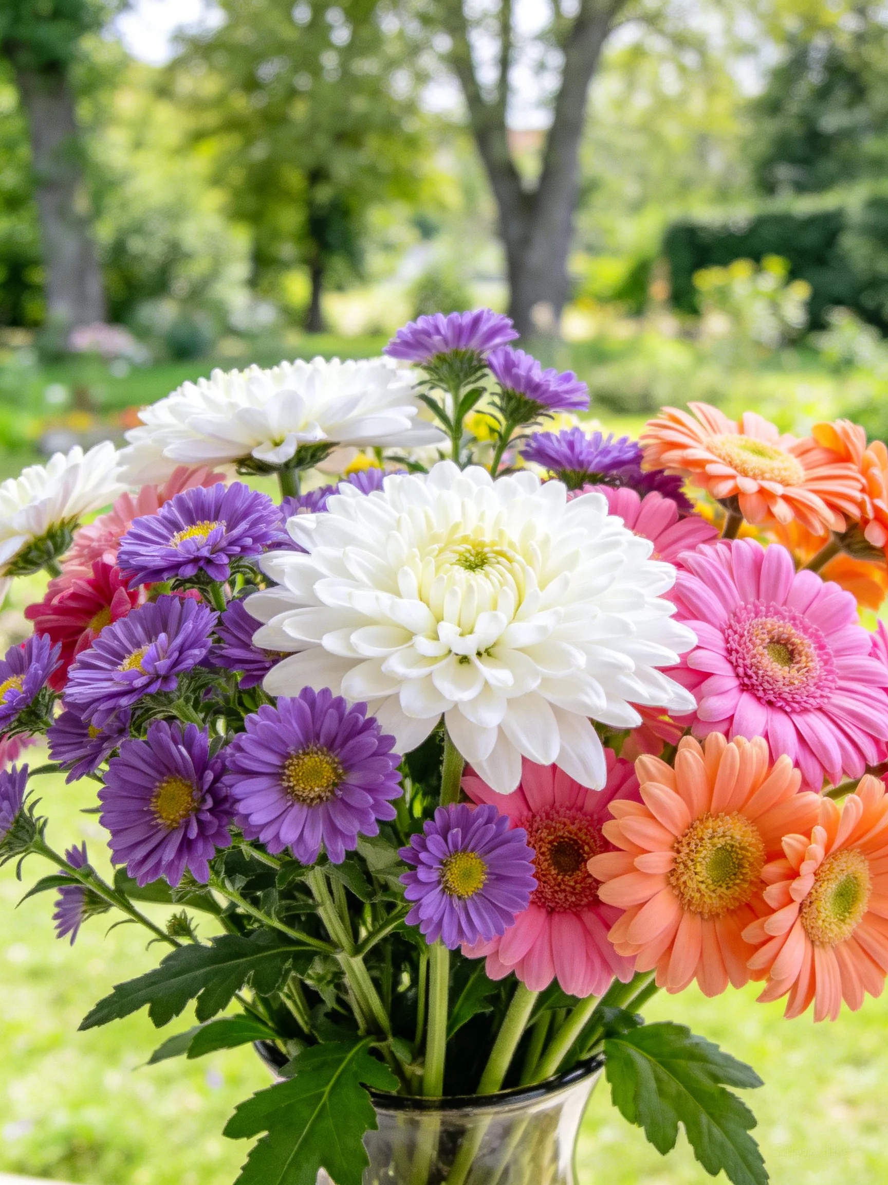 A vibrant mixed flower bouquet in a glass vase