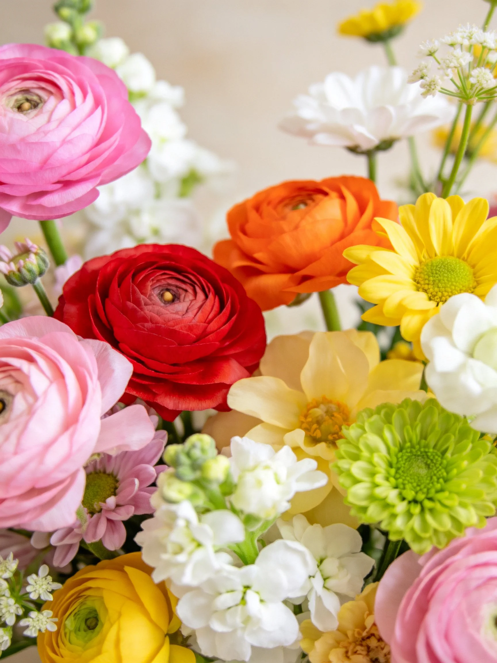 A vibrant mixed flower bouquet with pink, orange, yellow, and white blooms