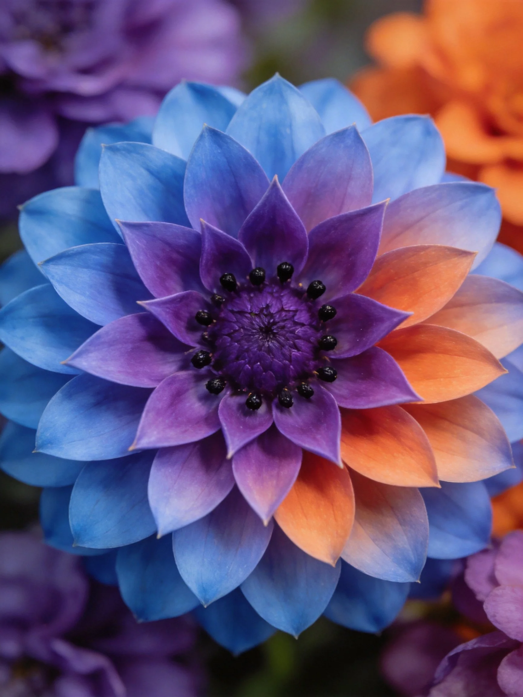 A close - up of a flower with layered petals in blue, purple, and orange hues.