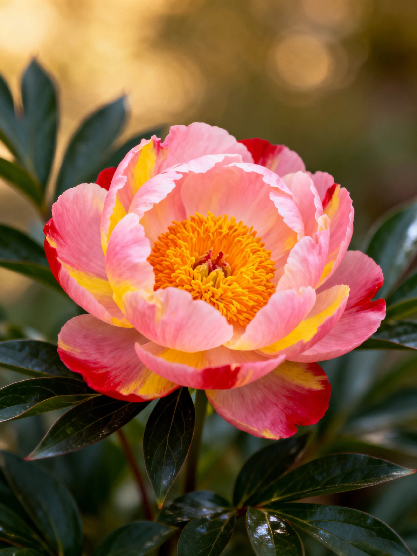 A vibrant multicolored peony with layered petals