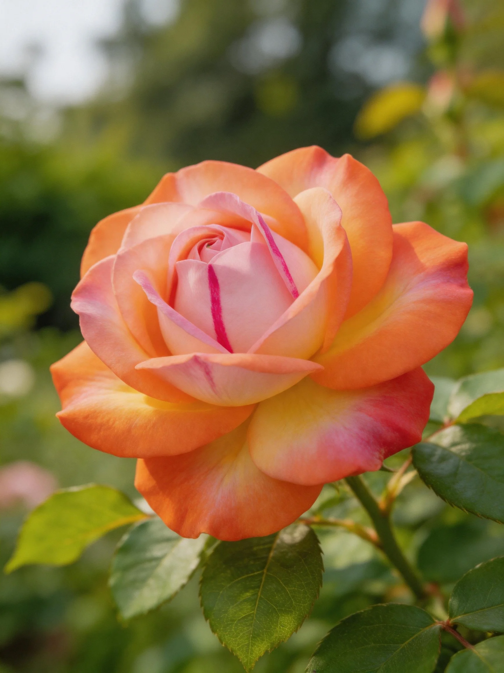 A vibrant multicolored rose blooms amid lush green foliage