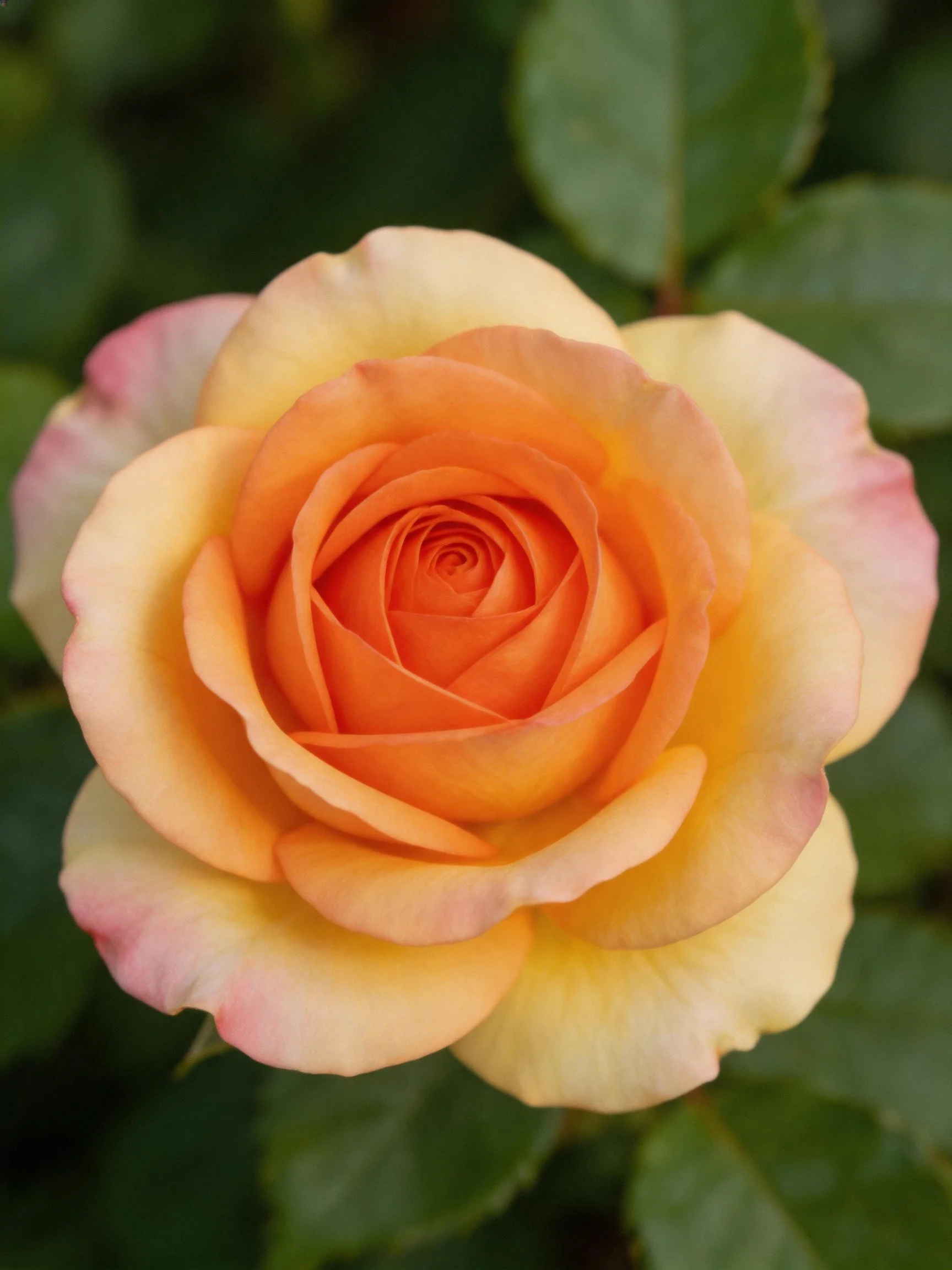 A vibrant multicolored rose with layered petals and green foliage
