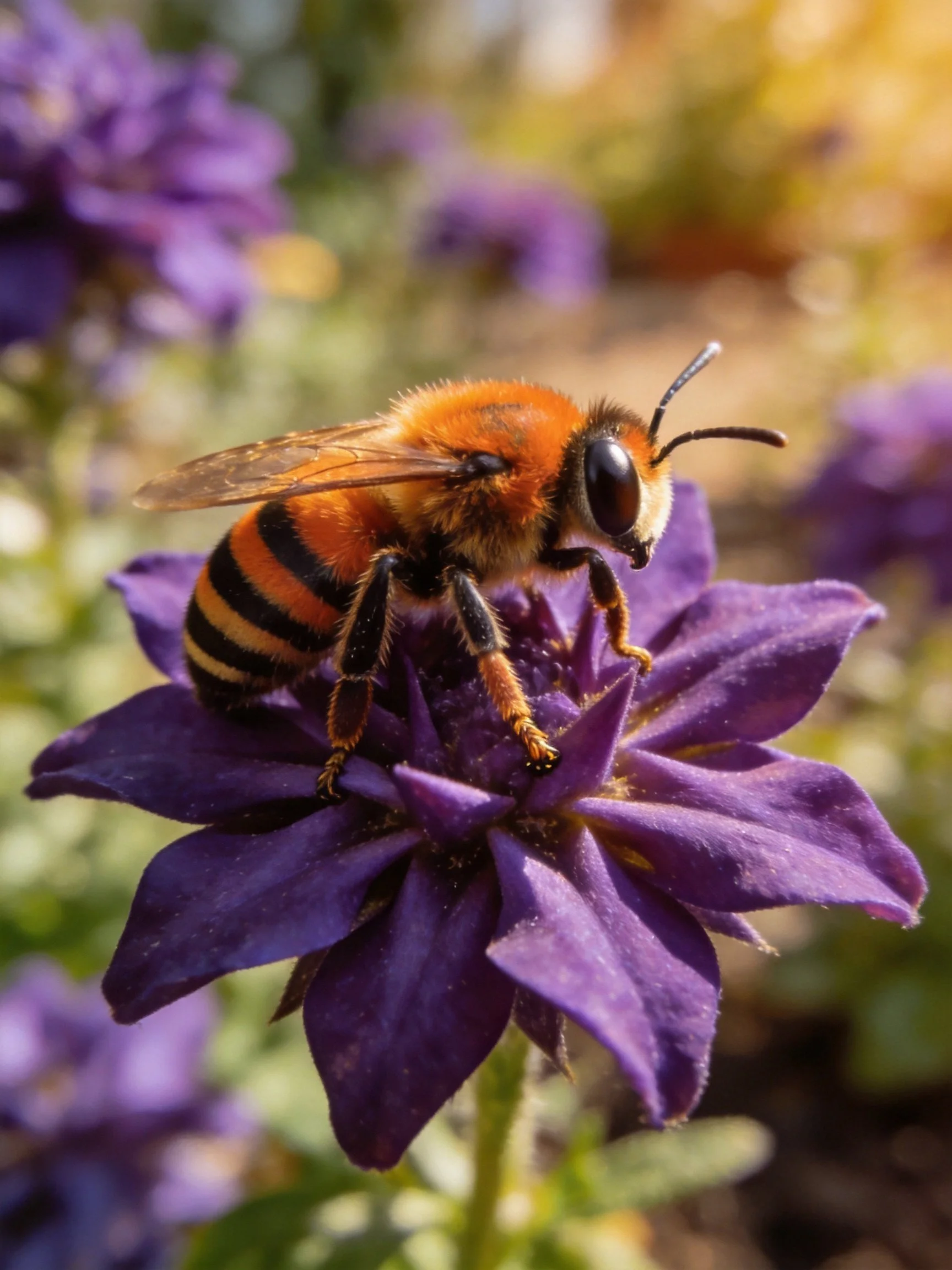A vibrant orange and black bee perched on a deep purple flower