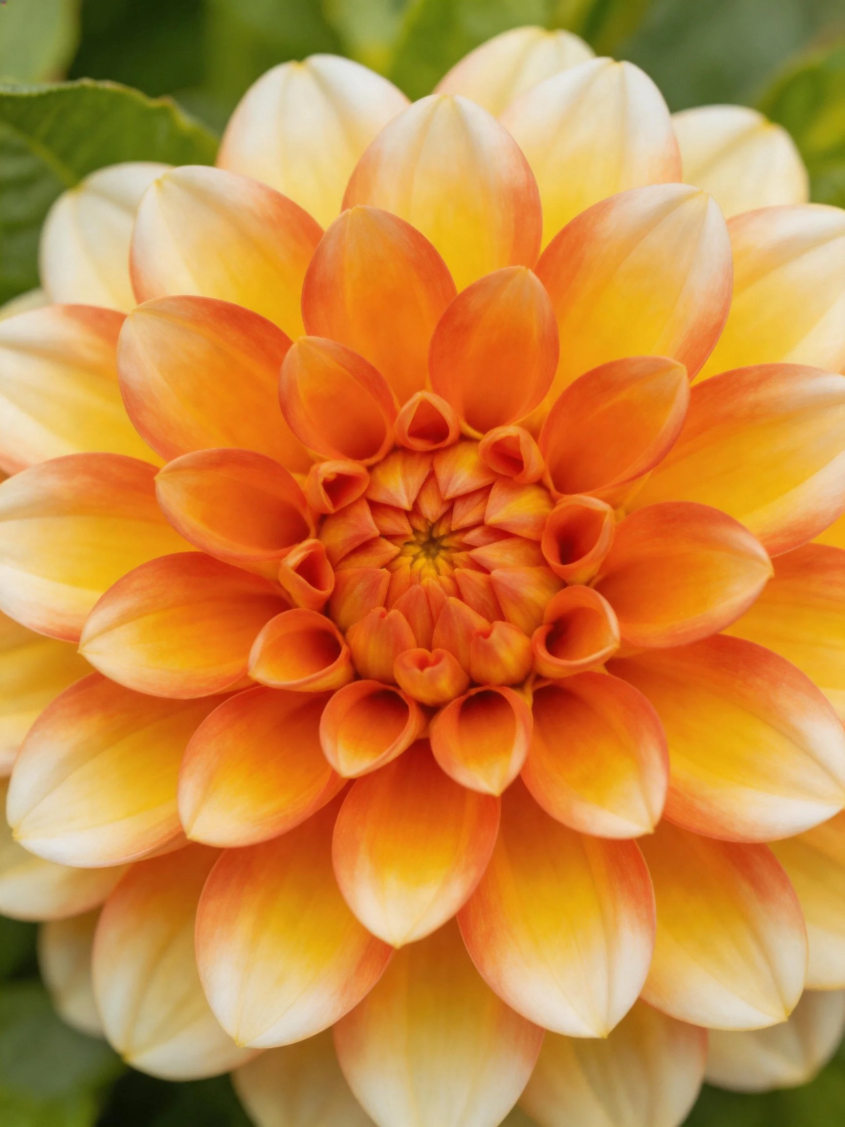 A vibrant orange and cream dahlia with layered petals