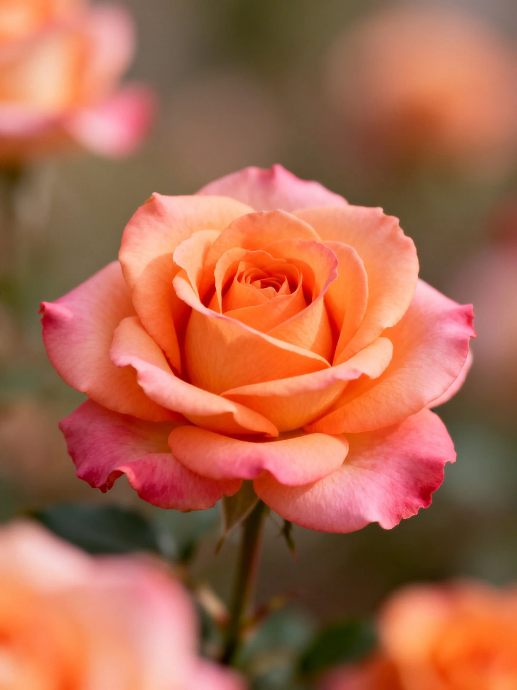 A vibrant orange and pink rose with softly blurred surroundings