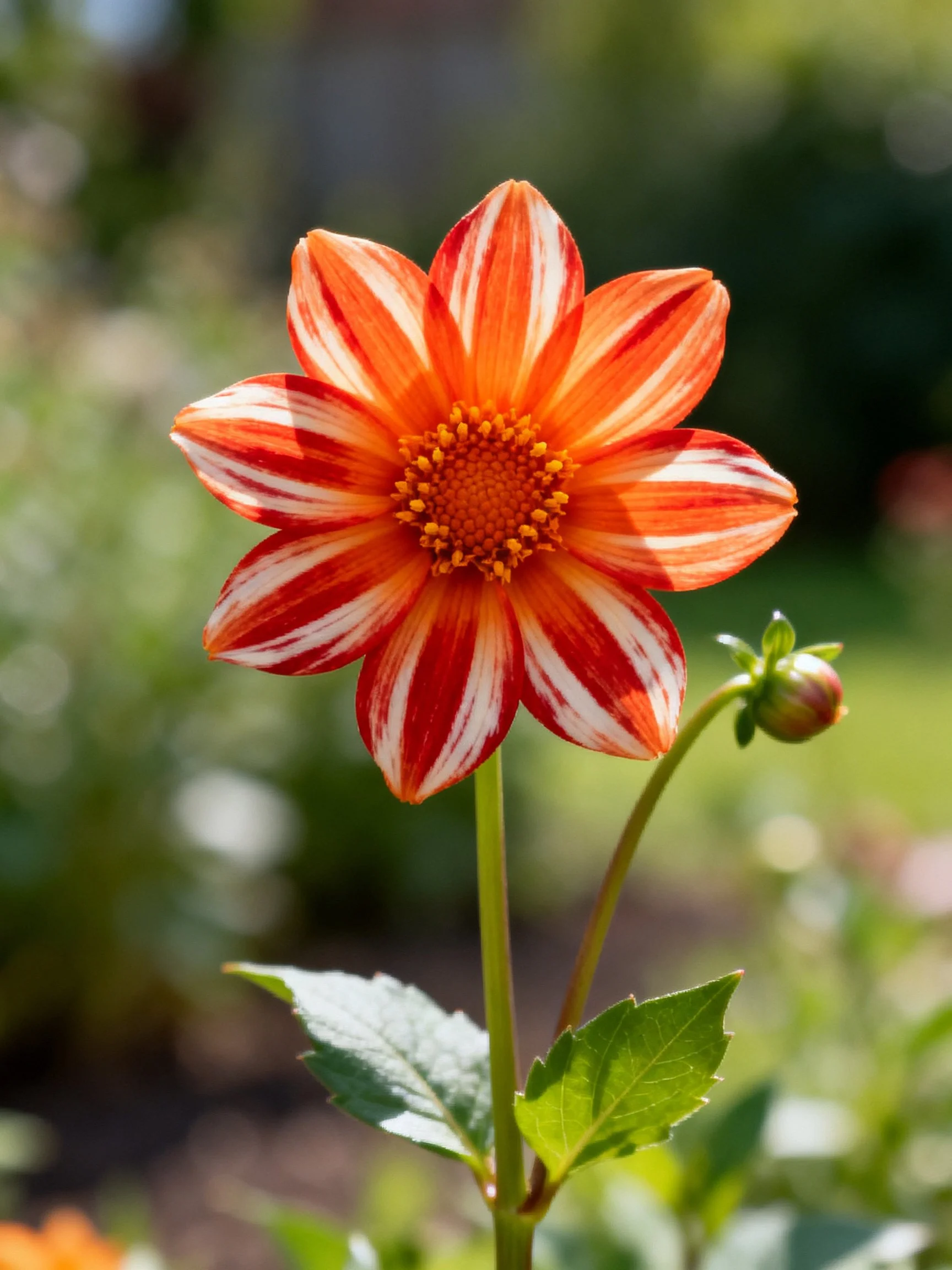 A vibrant orange and white striped flower with a budding stem