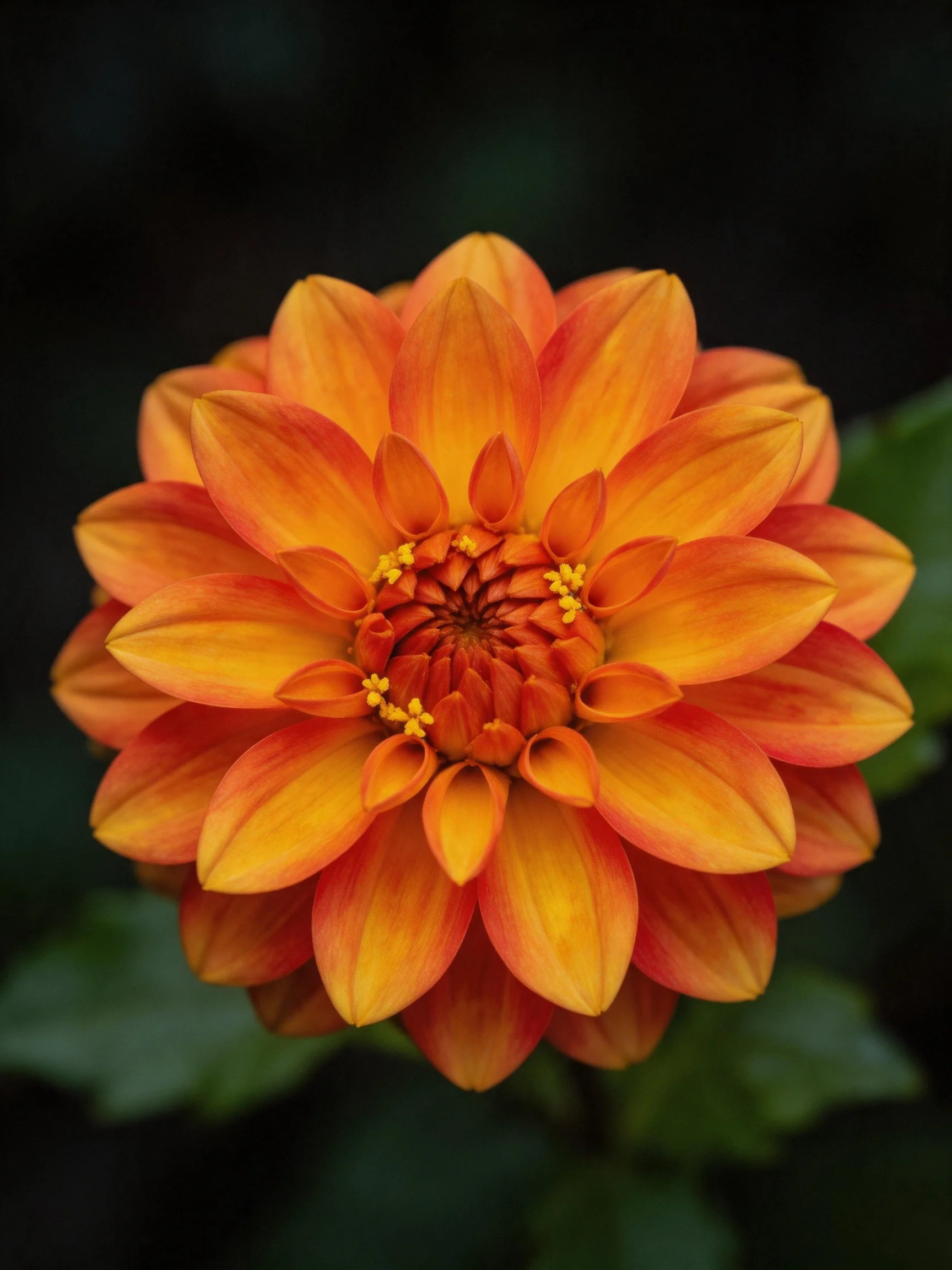 A vibrant orange and yellow dahlia with layered petals stands out against a dark background.