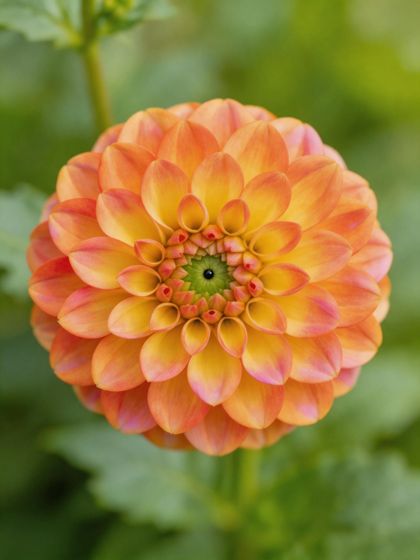 Close - up of a vibrant orange and yellow dahlia with layered petals