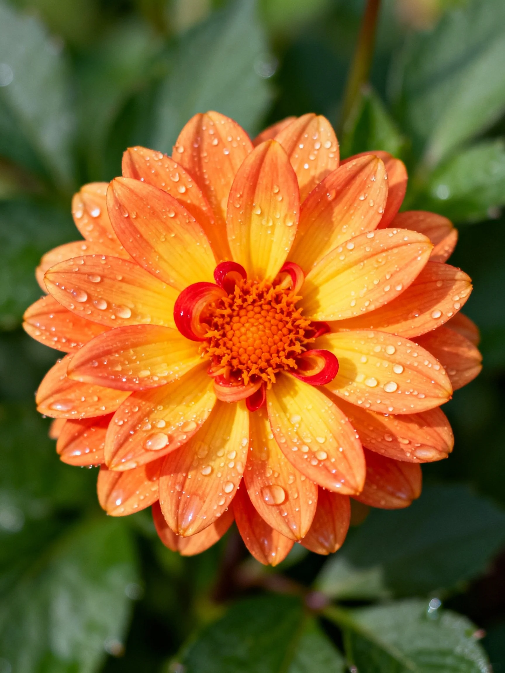 A vibrant orange and yellow dahlia with water droplets on petals