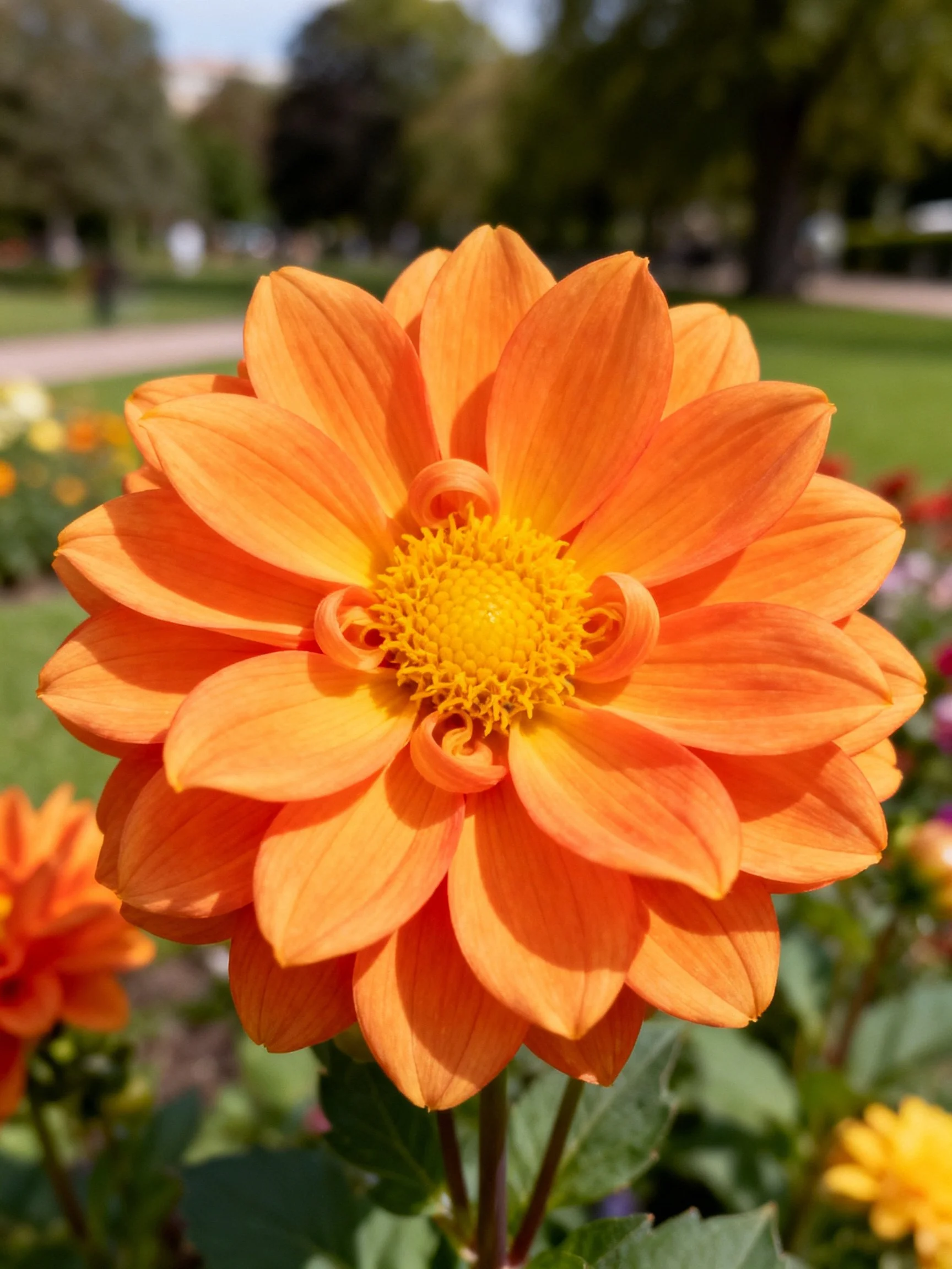 A vibrant orange dahlia with a bright yellow center