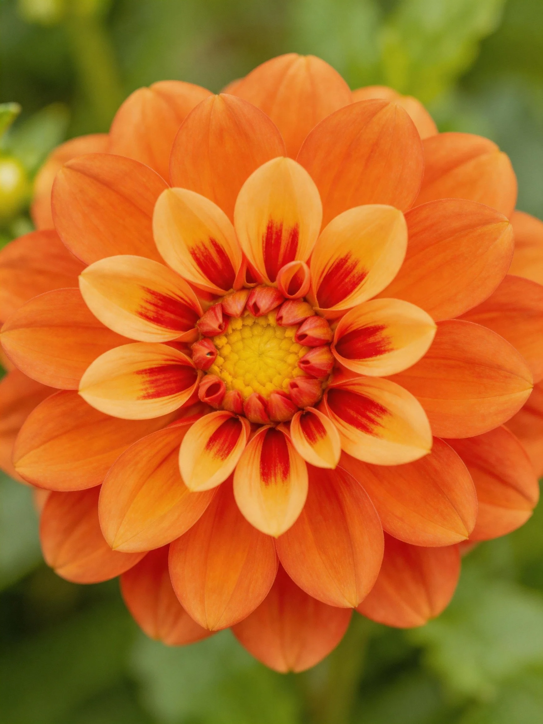 A close - up view of a vibrant orange dahlia showcasing layered petals with red and yellow details.