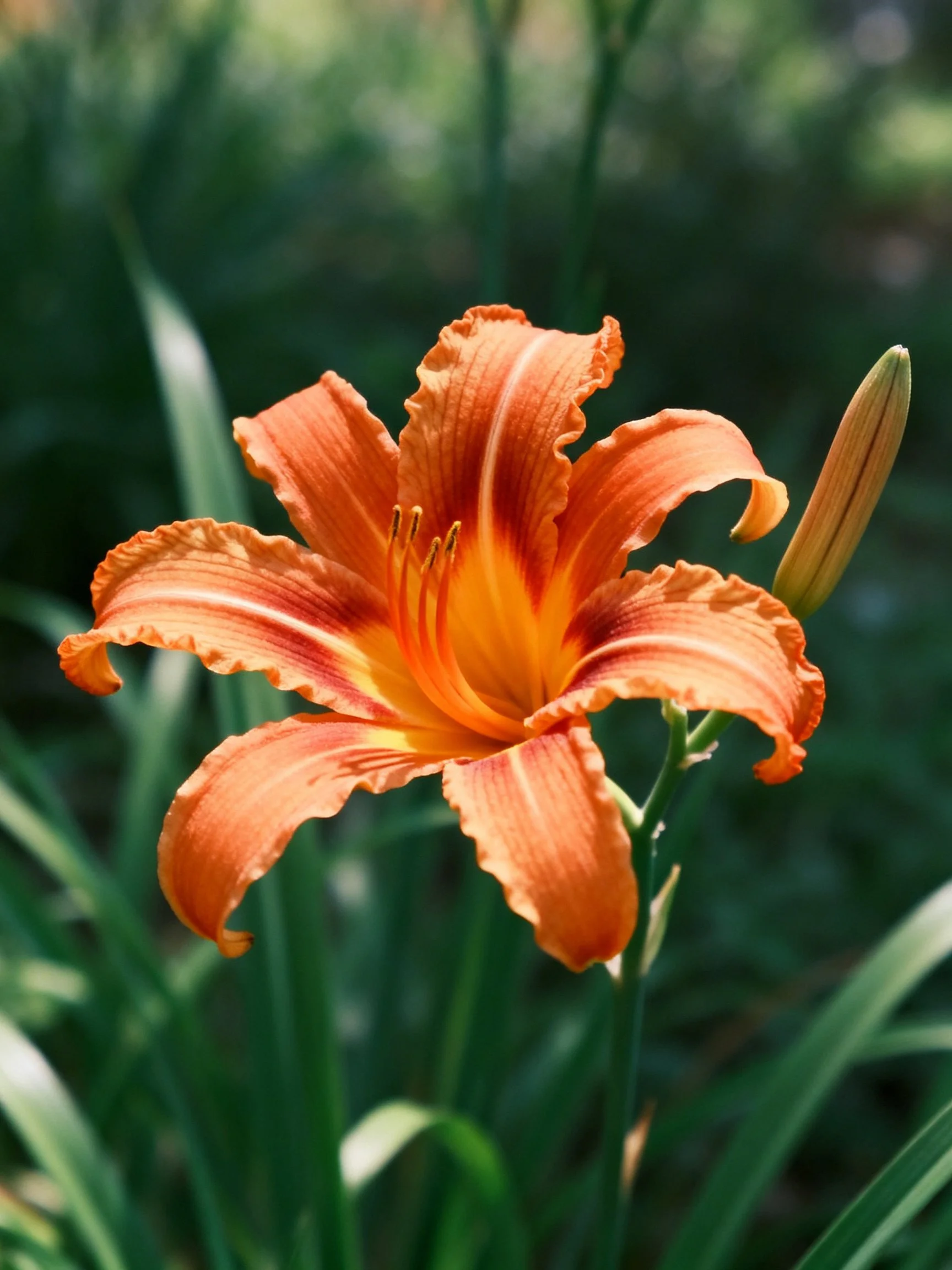 A vibrant orange daylily blooms beside a closed bud in a verdant setting