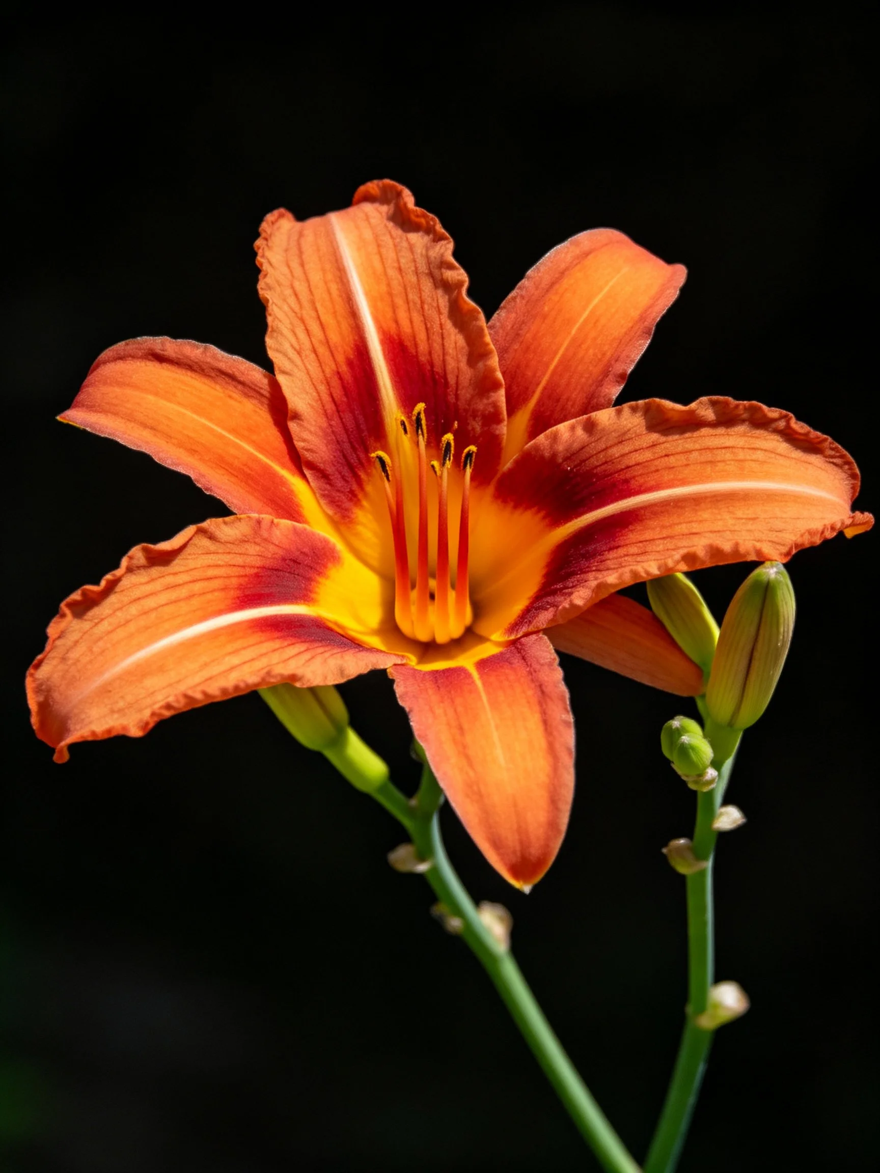 A vibrant orange daylily with red accents and yellow center