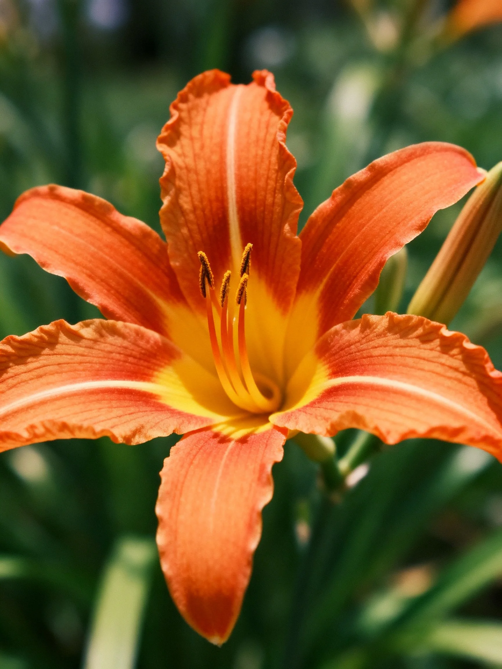 A vibrant orange daylily with ruffled petals and yellow center