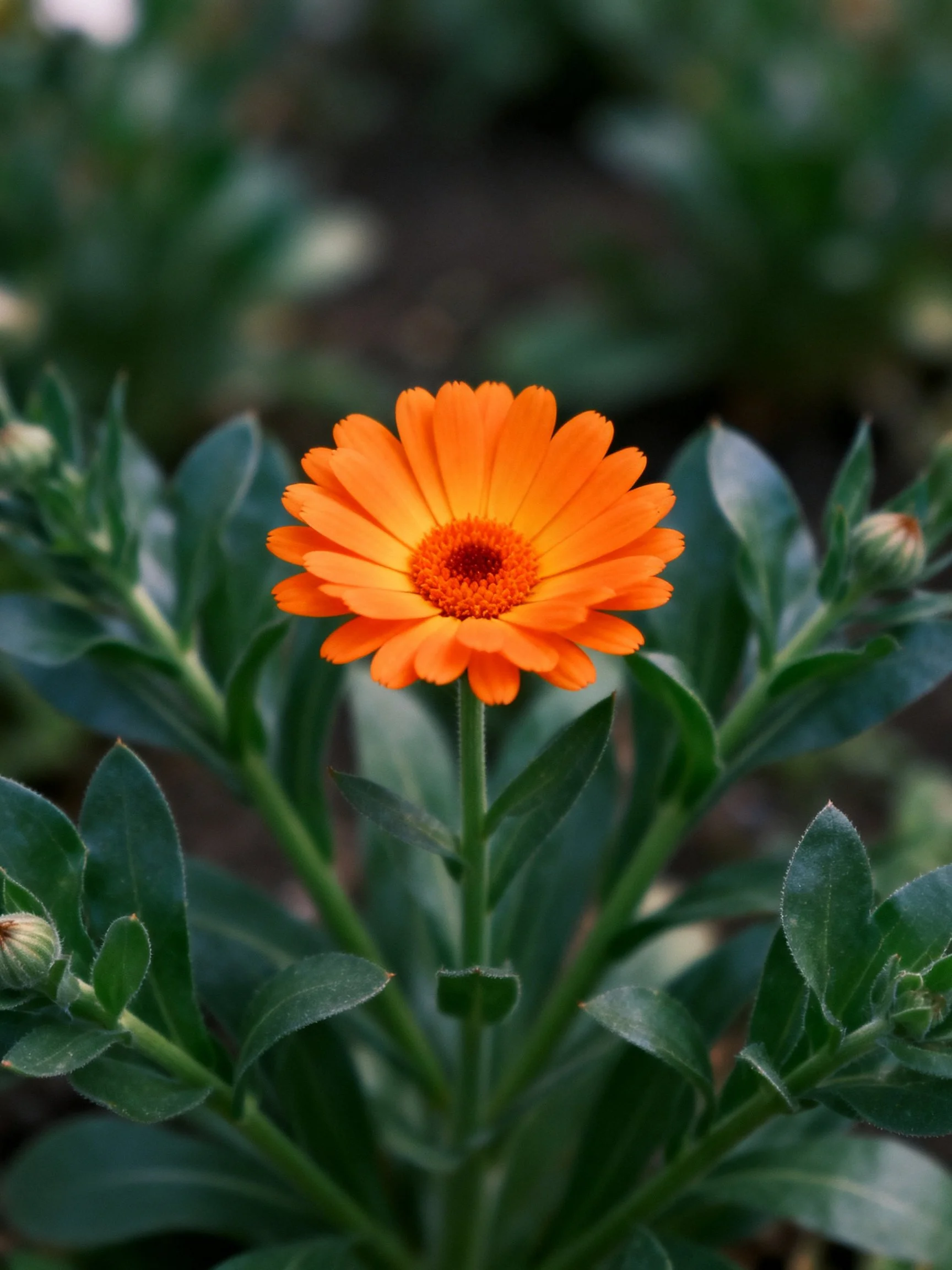 A single orange flower is highlighted among greenery in a natural scene.