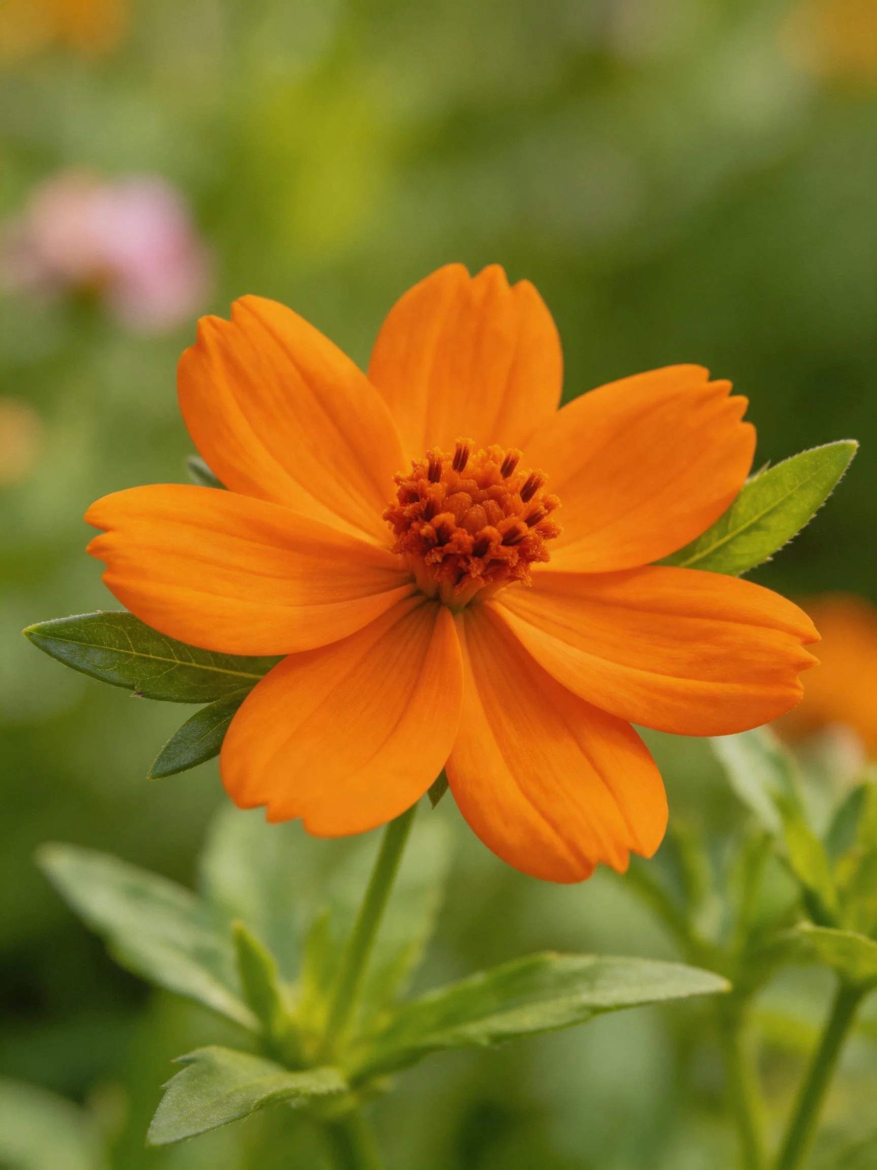 A vibrant orange flower with broad petals and green foliage