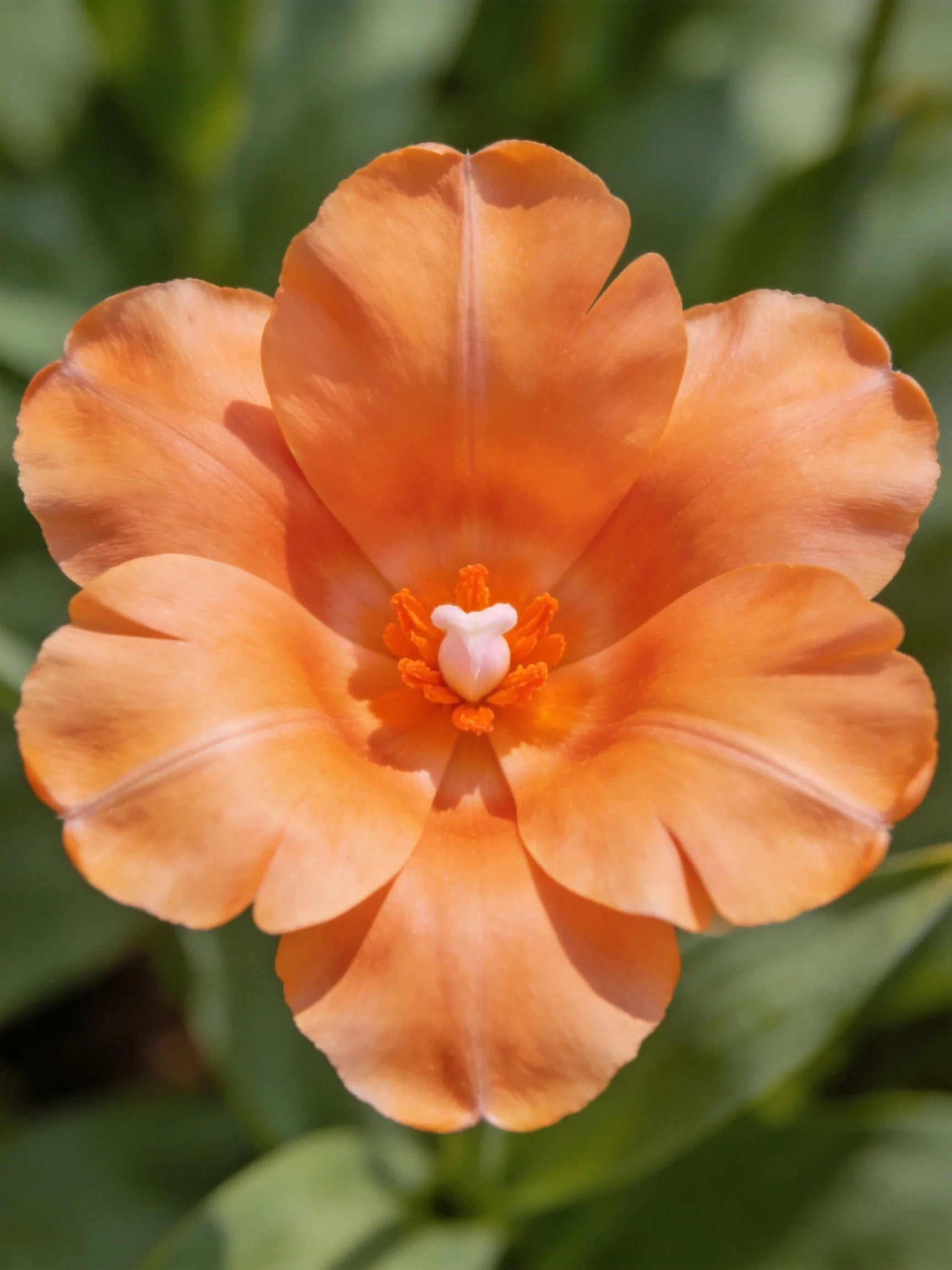 A vibrant orange flower with five petals surrounded by green leaves