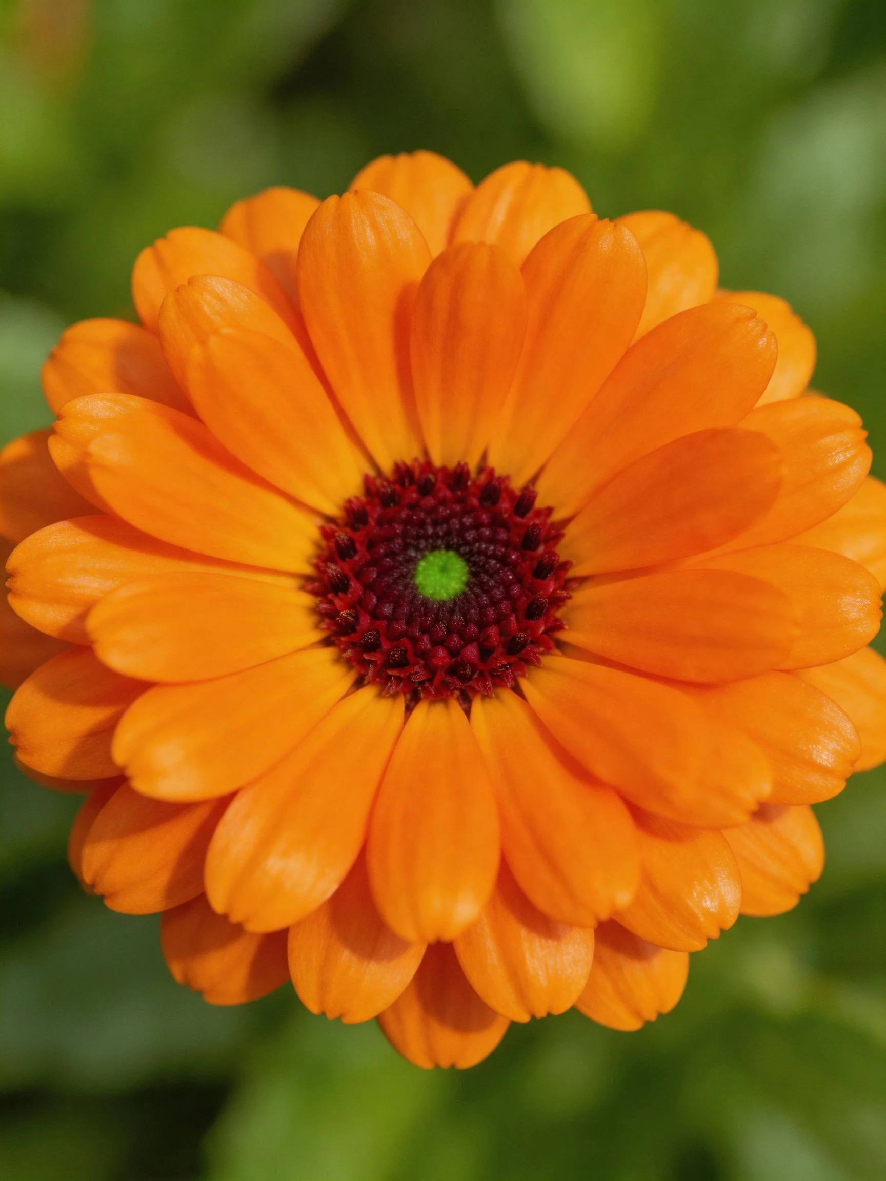 A vibrant orange flower with layered petals and a dark center