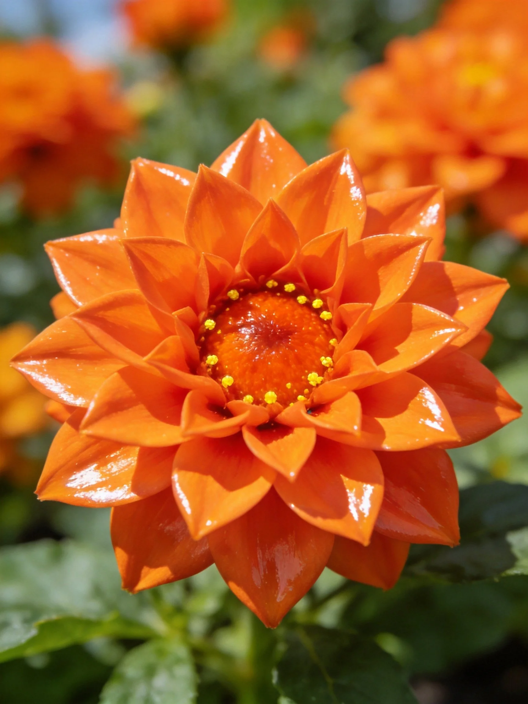 A vibrant orange flower with layered petals and a yellow-centered bloom