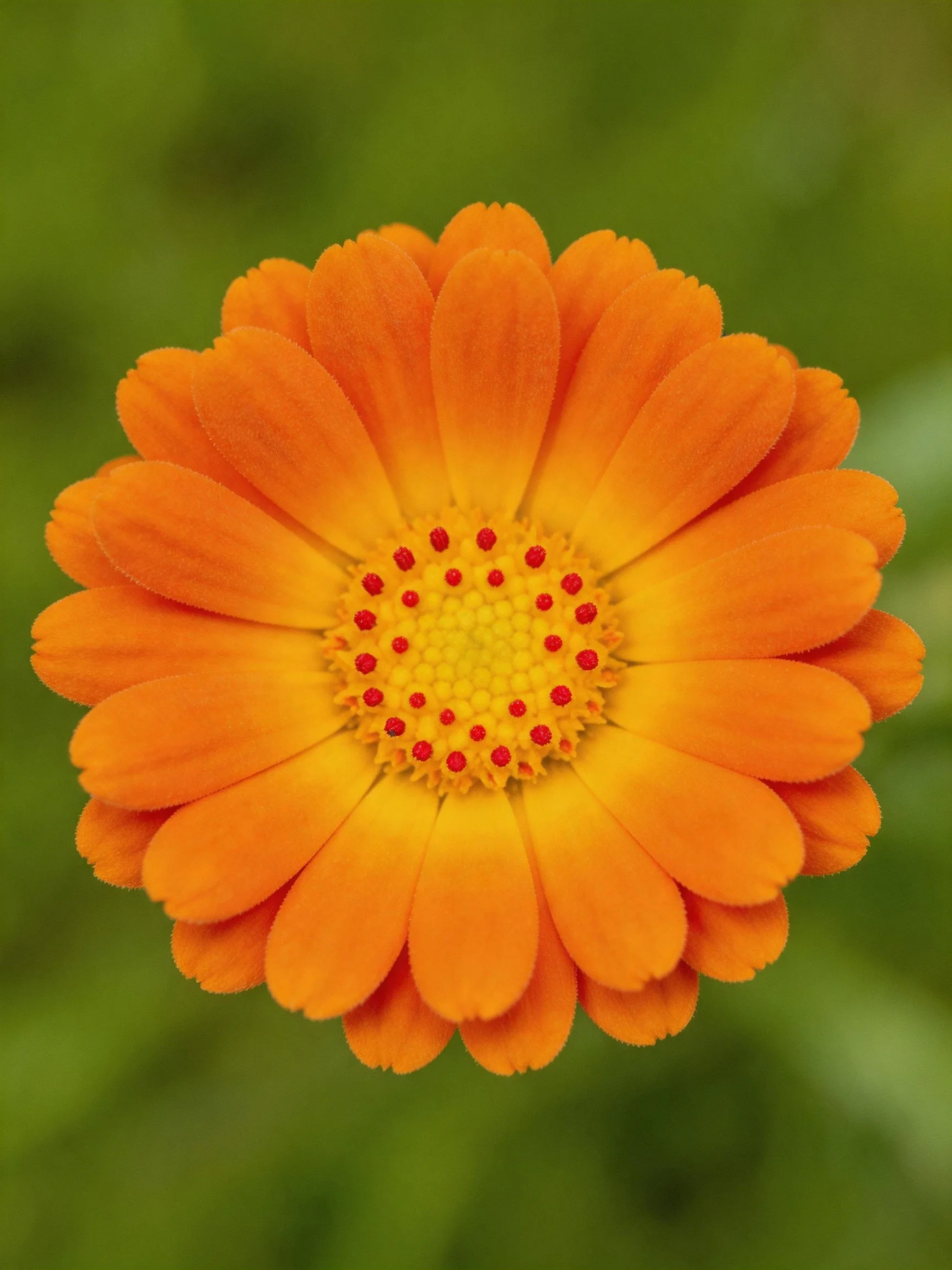 A vibrant orange flower with layered petals and a yellow-red central disc