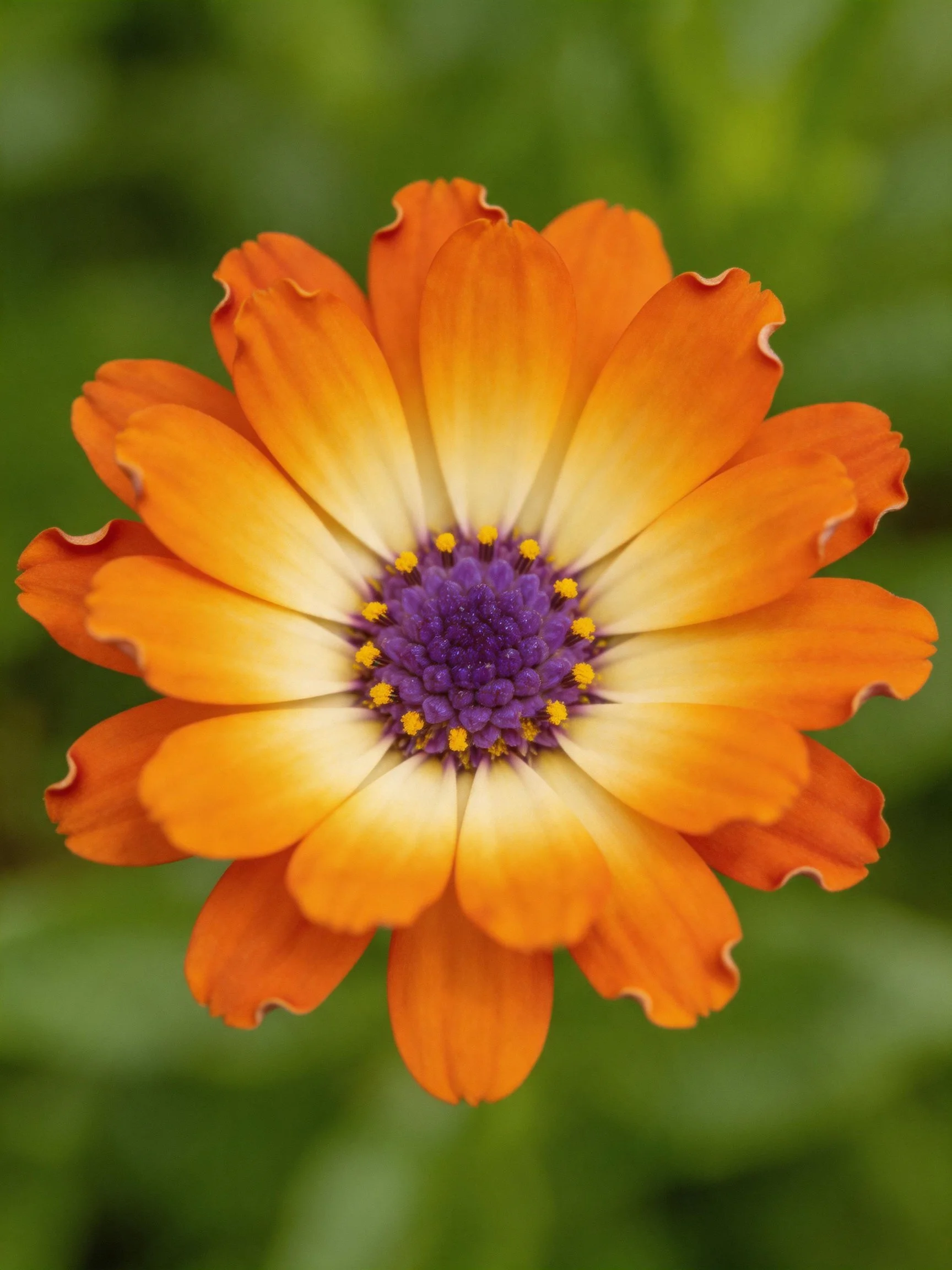 A vibrant orange flower with purple center and green backdrop