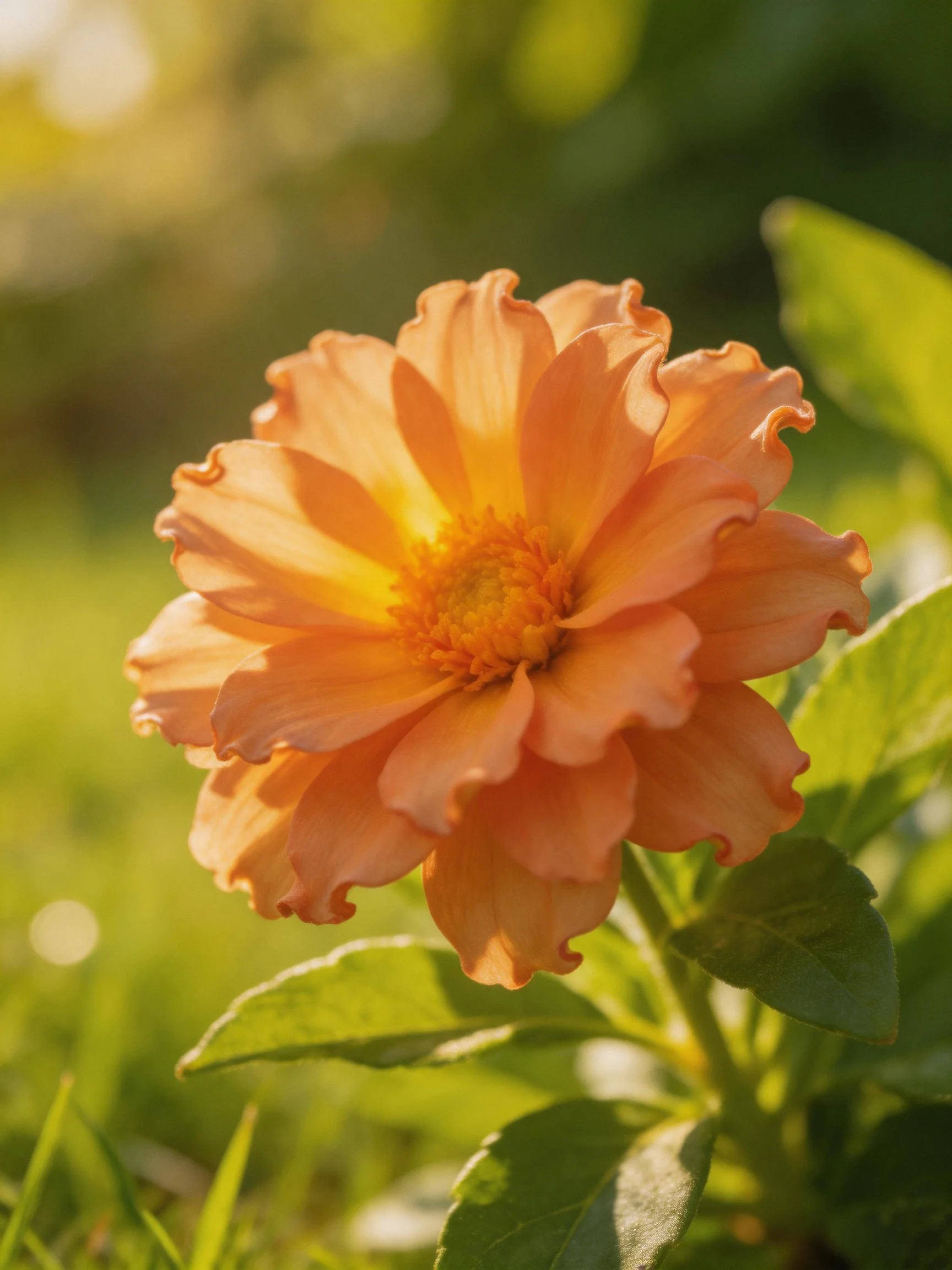 A vibrant orange flower with ruffled petals and lush green leaves