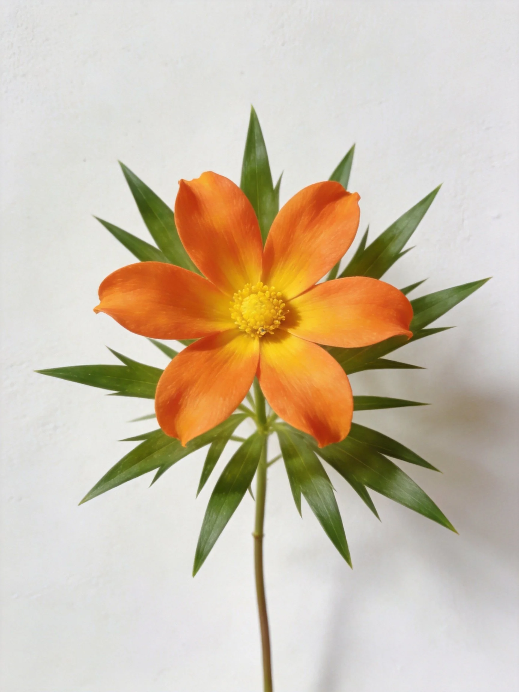 A vibrant orange flower with yellow center and pointed green leaves