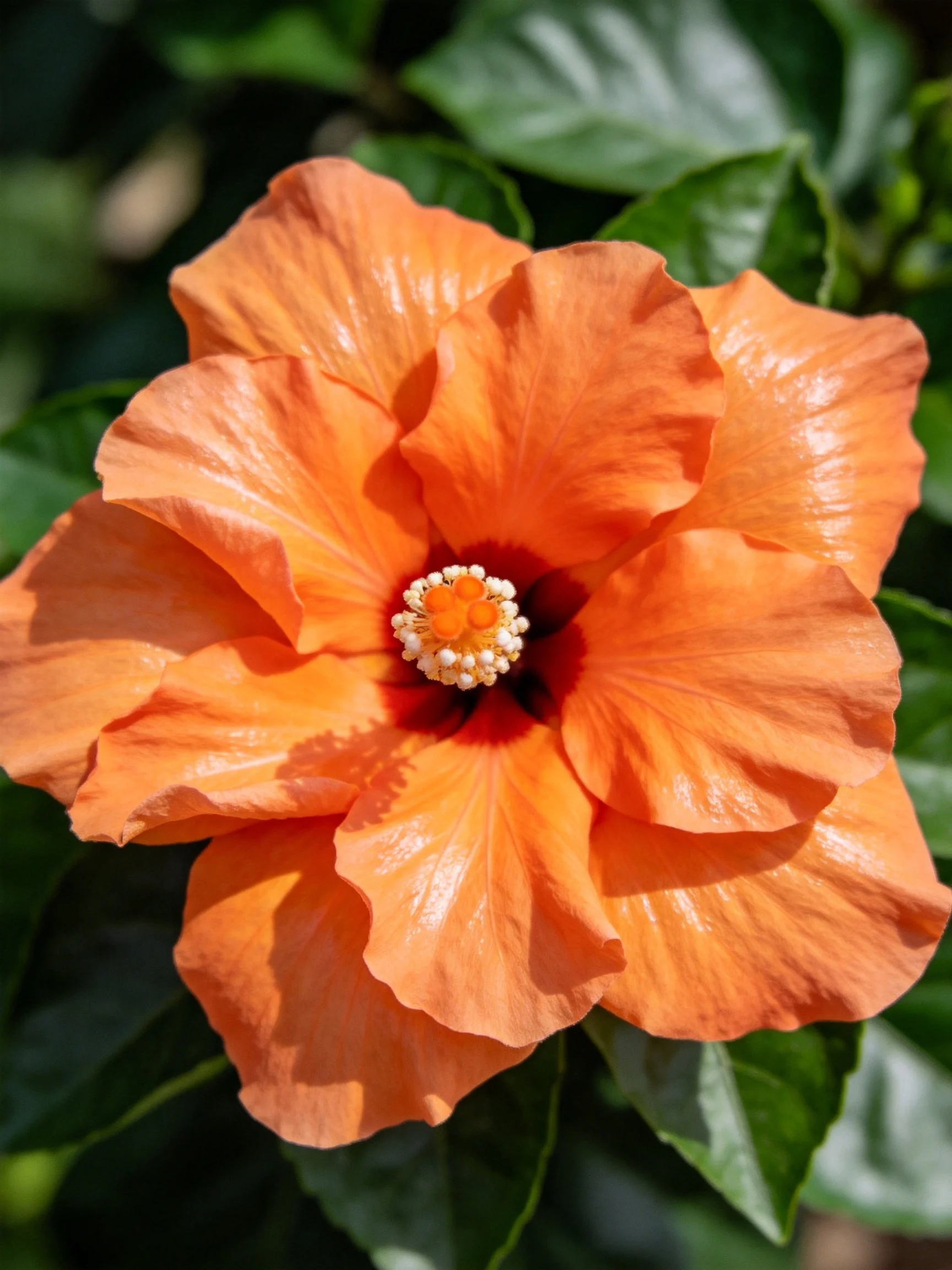 A vibrant orange hibiscus flower with layered petals