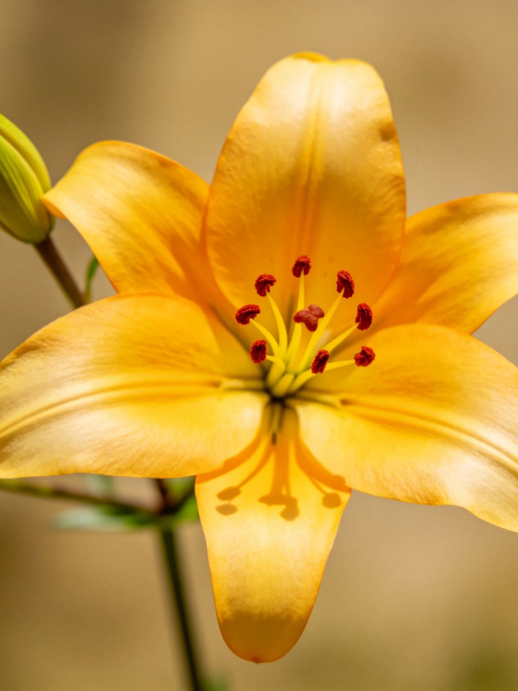 A vibrant orange lily in full bloom beside a closed bud