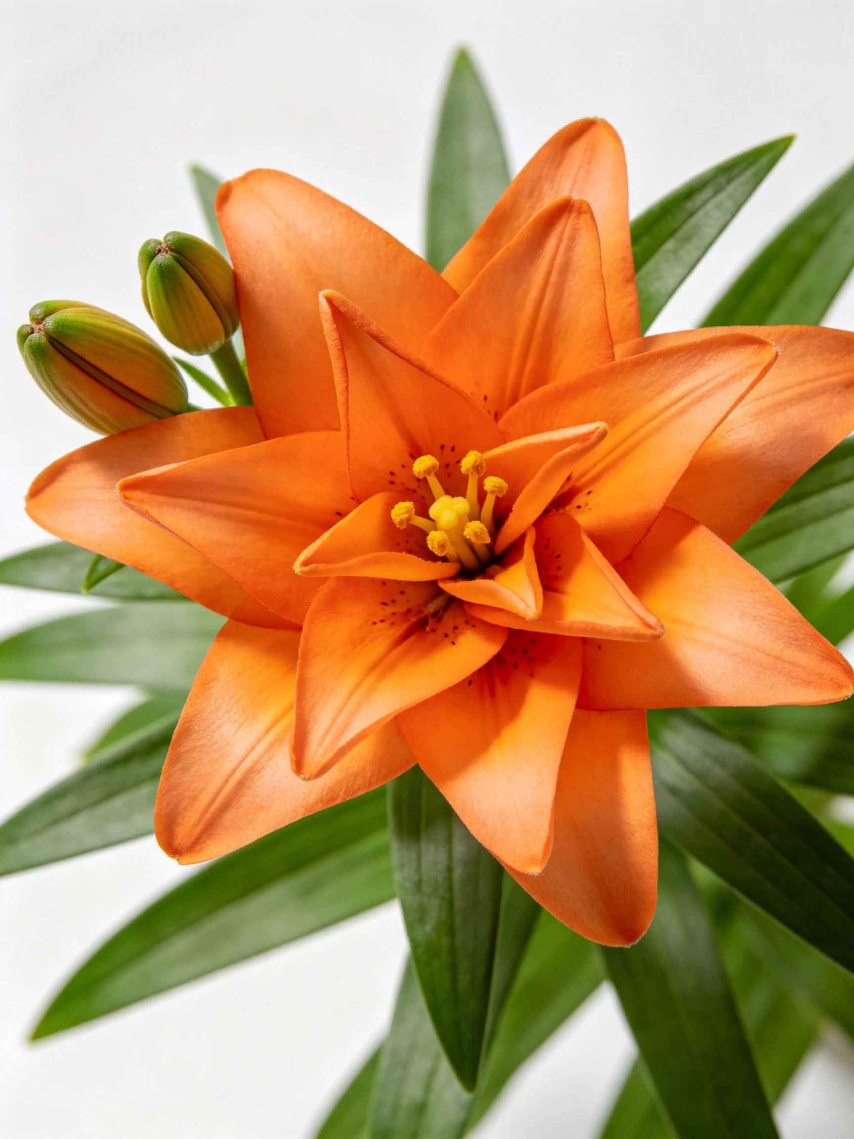 A vibrant orange lily with green buds and broad leaves