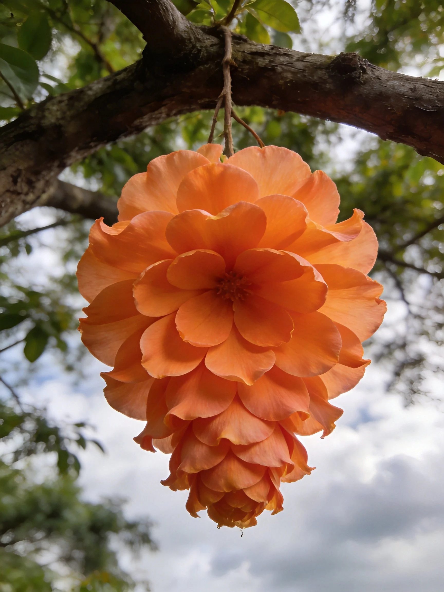 A vibrant orange, multi - layered flower hangs from a tree branch