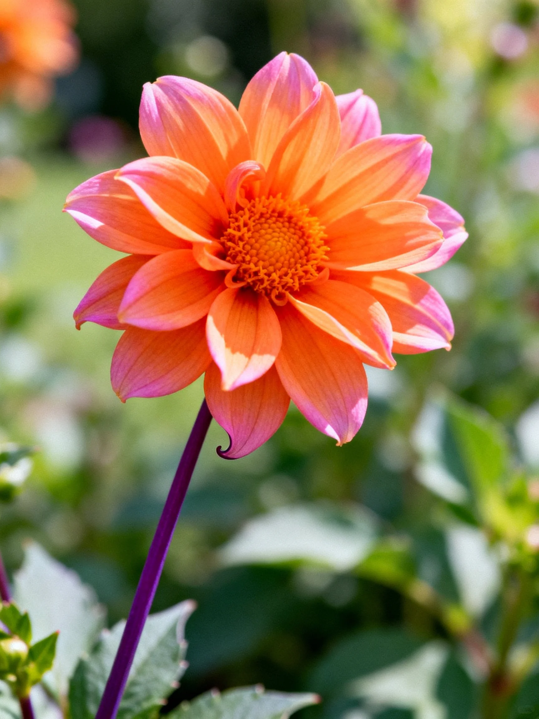 A vibrant orange-pink dahlia blooms amid lush greenery