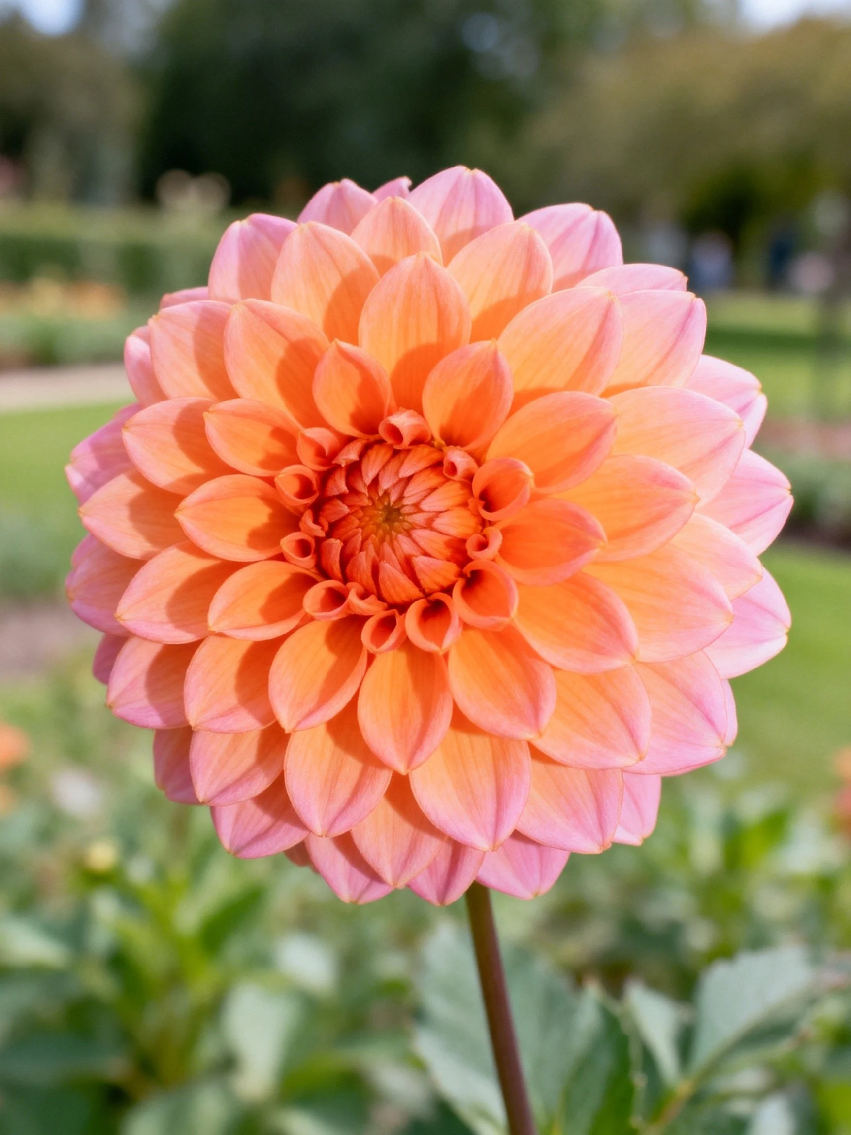 A vibrant orange-pink dahlia blooms in a sunlit garden
