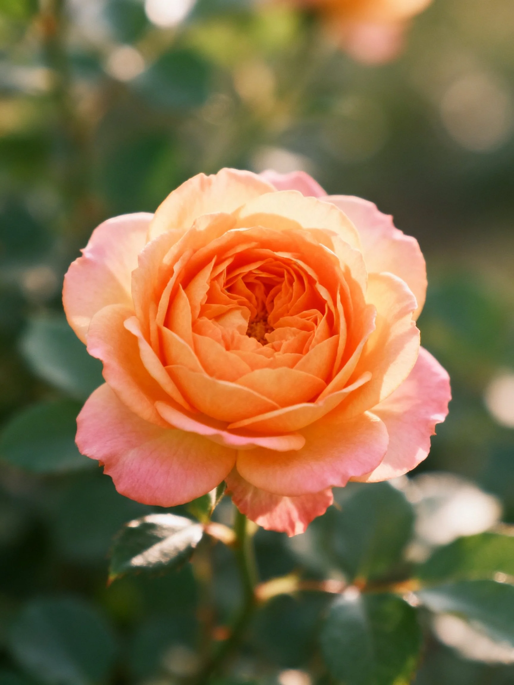 A vibrant orange-pink rose blooms amid lush green foliage