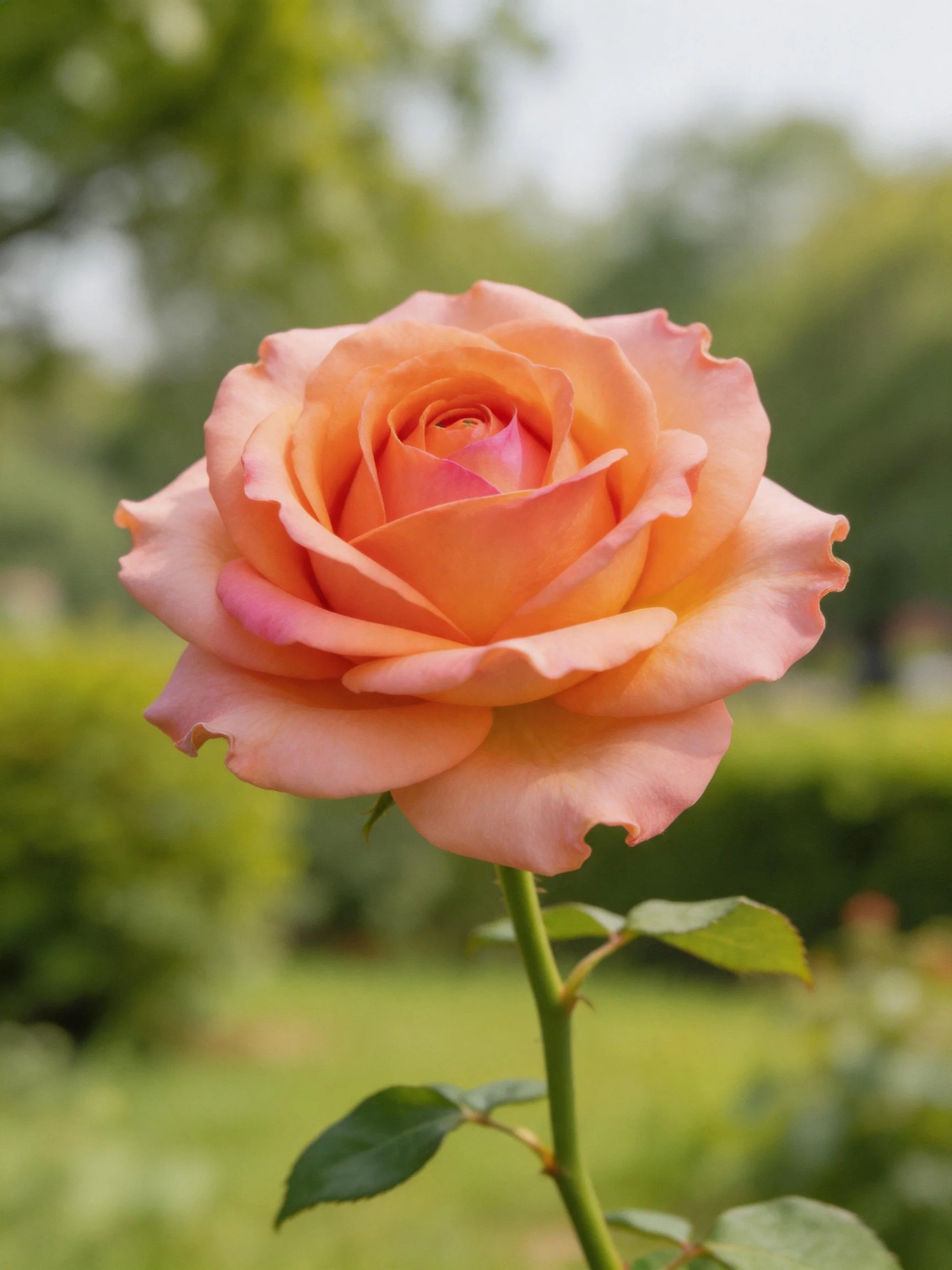 A vibrant orange-pink rose blooms amid lush green foliage