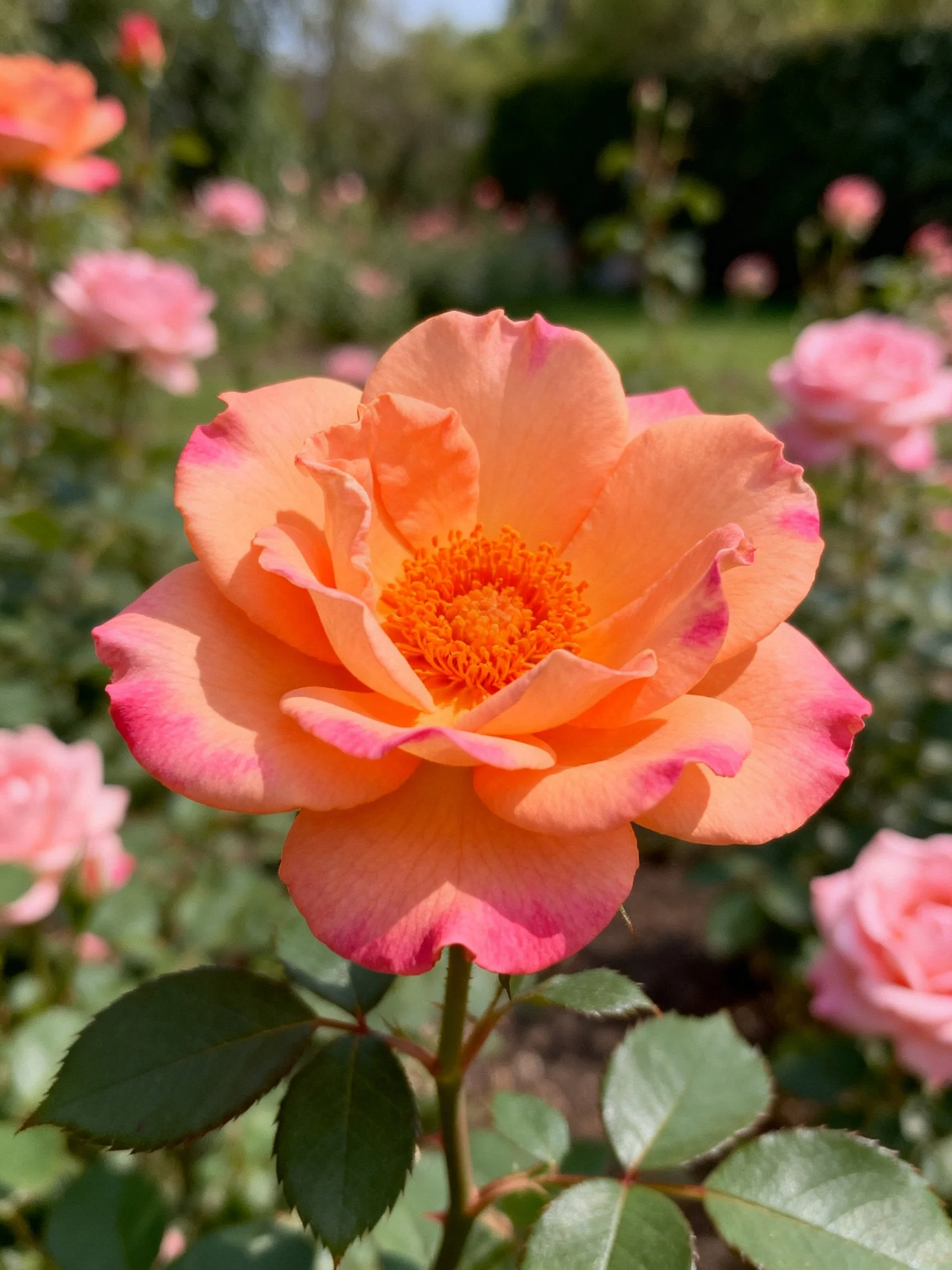 A vibrant orange-pink rose blooms among soft pink roses in a garden