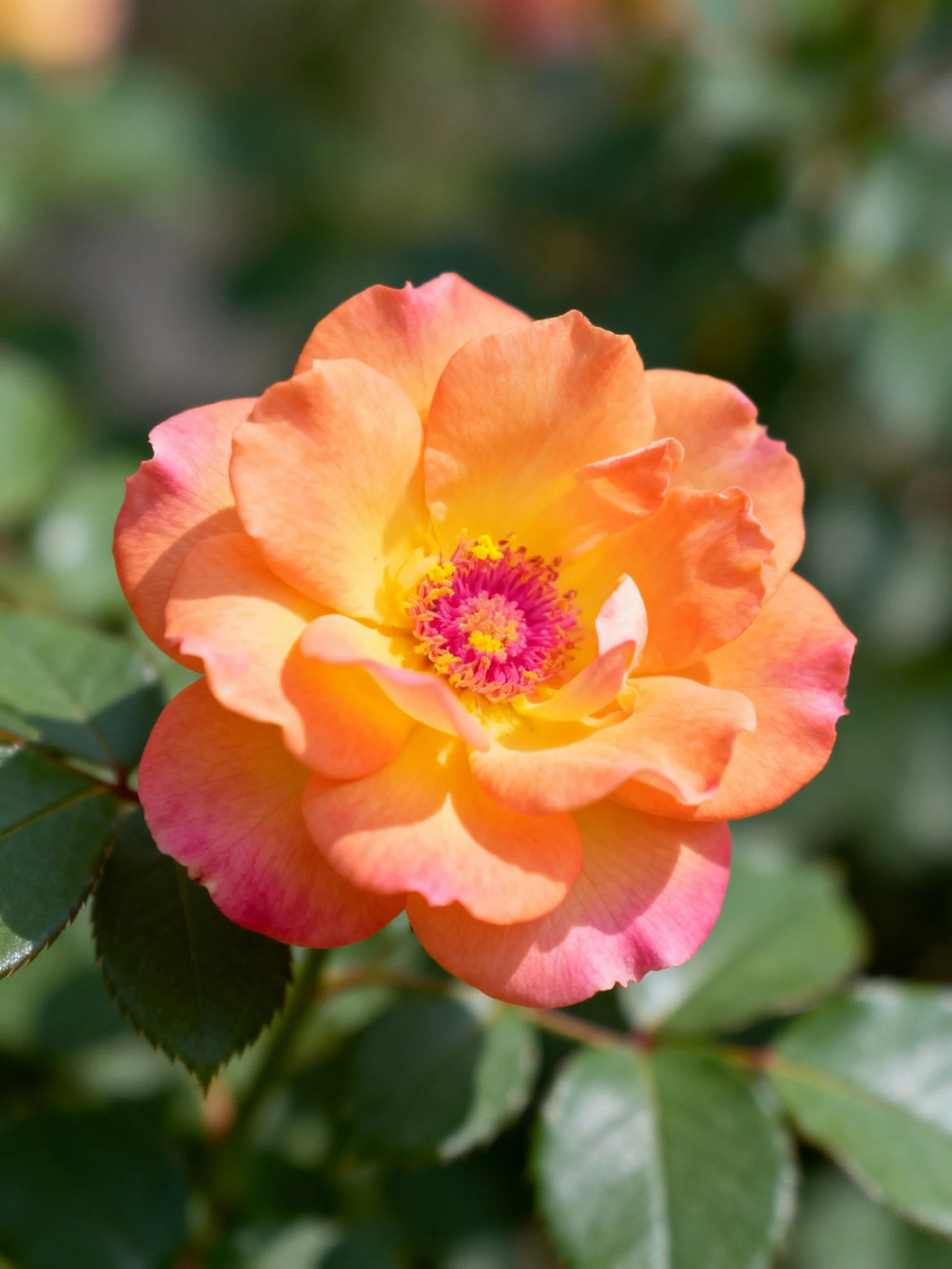 A vibrant orange-pink rose with layered petals and colorful center