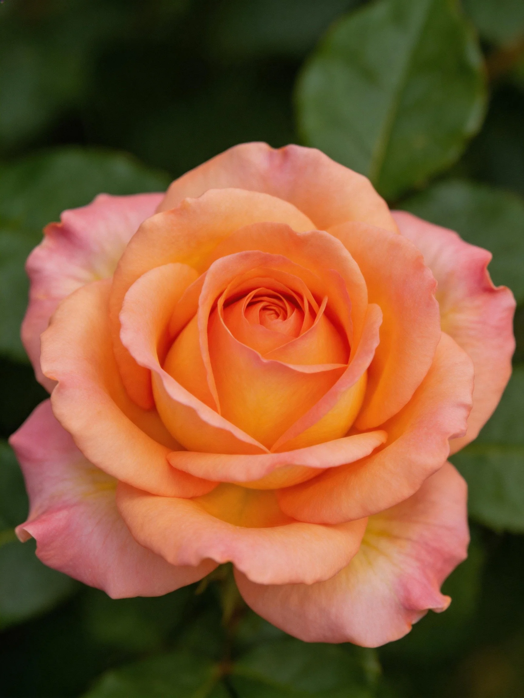 A vibrant orange-pink rose with layered petals and green leaves