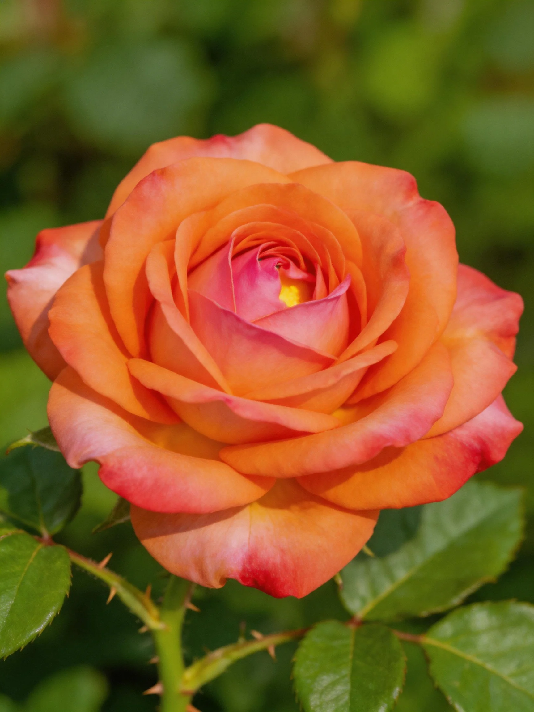 A vibrant orange-pink rose with lush green foliage