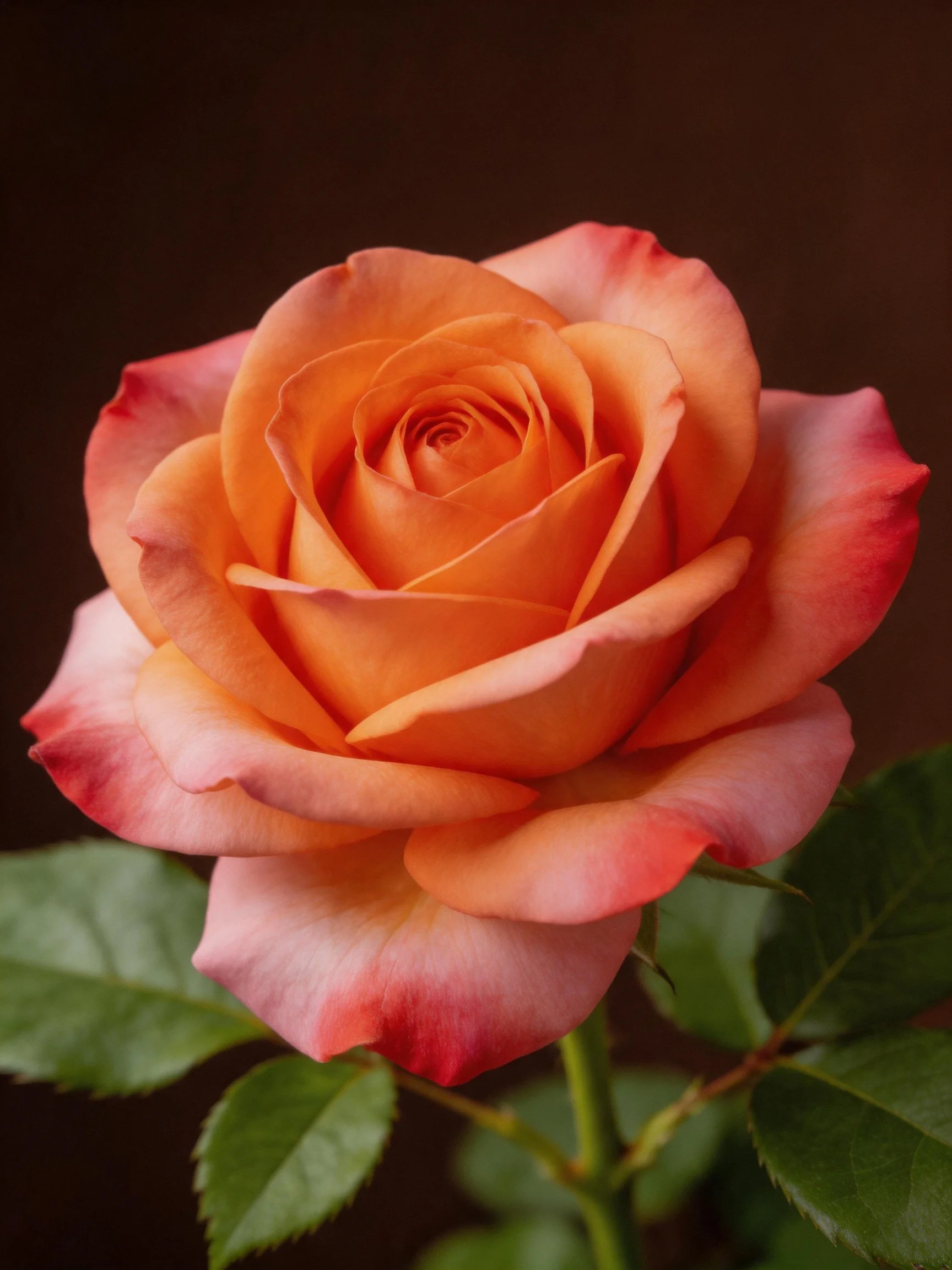 A vibrant orange-pink rose with lush green foliage