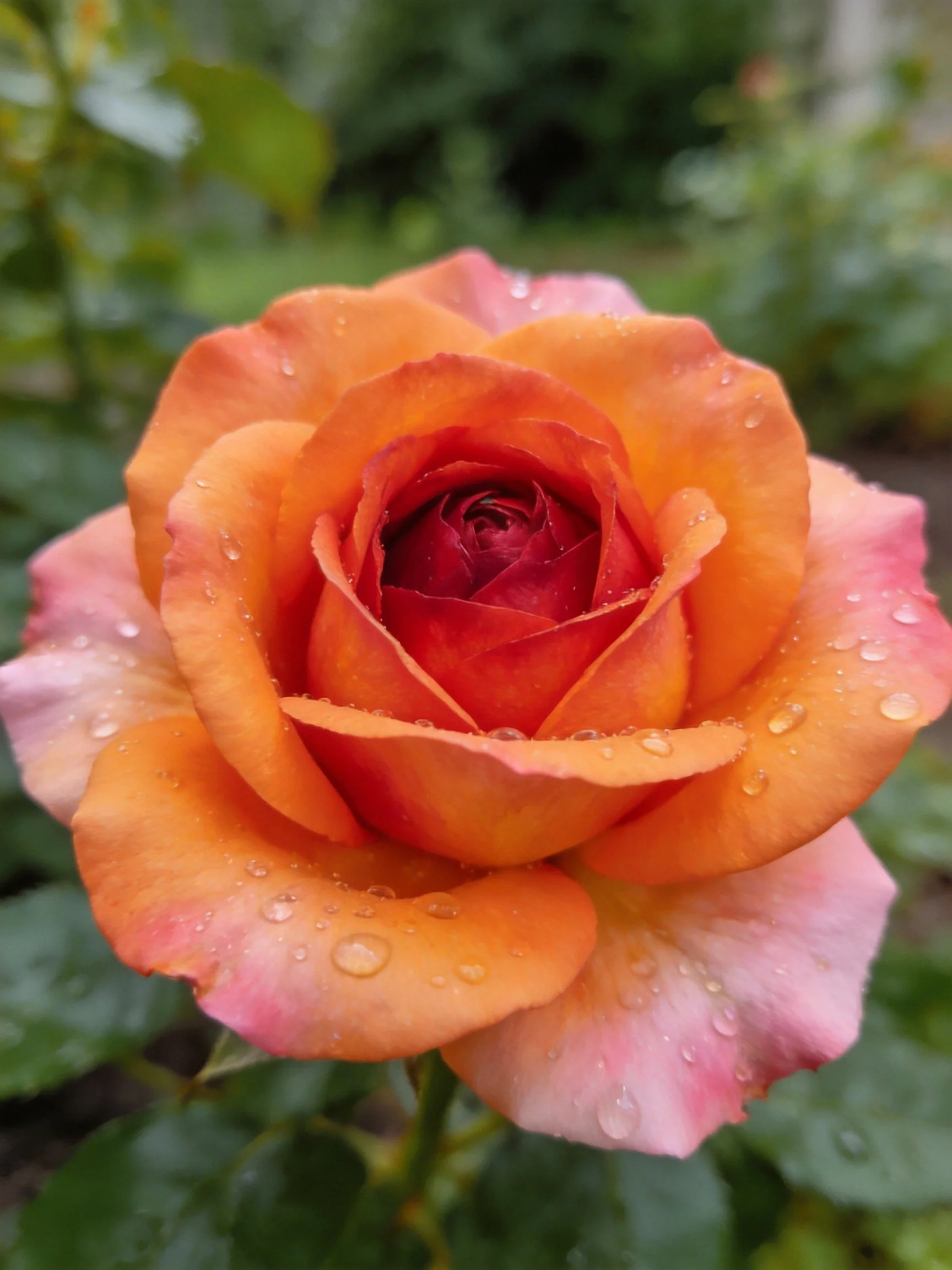 A vibrant orange-pink rose with water droplets on petals