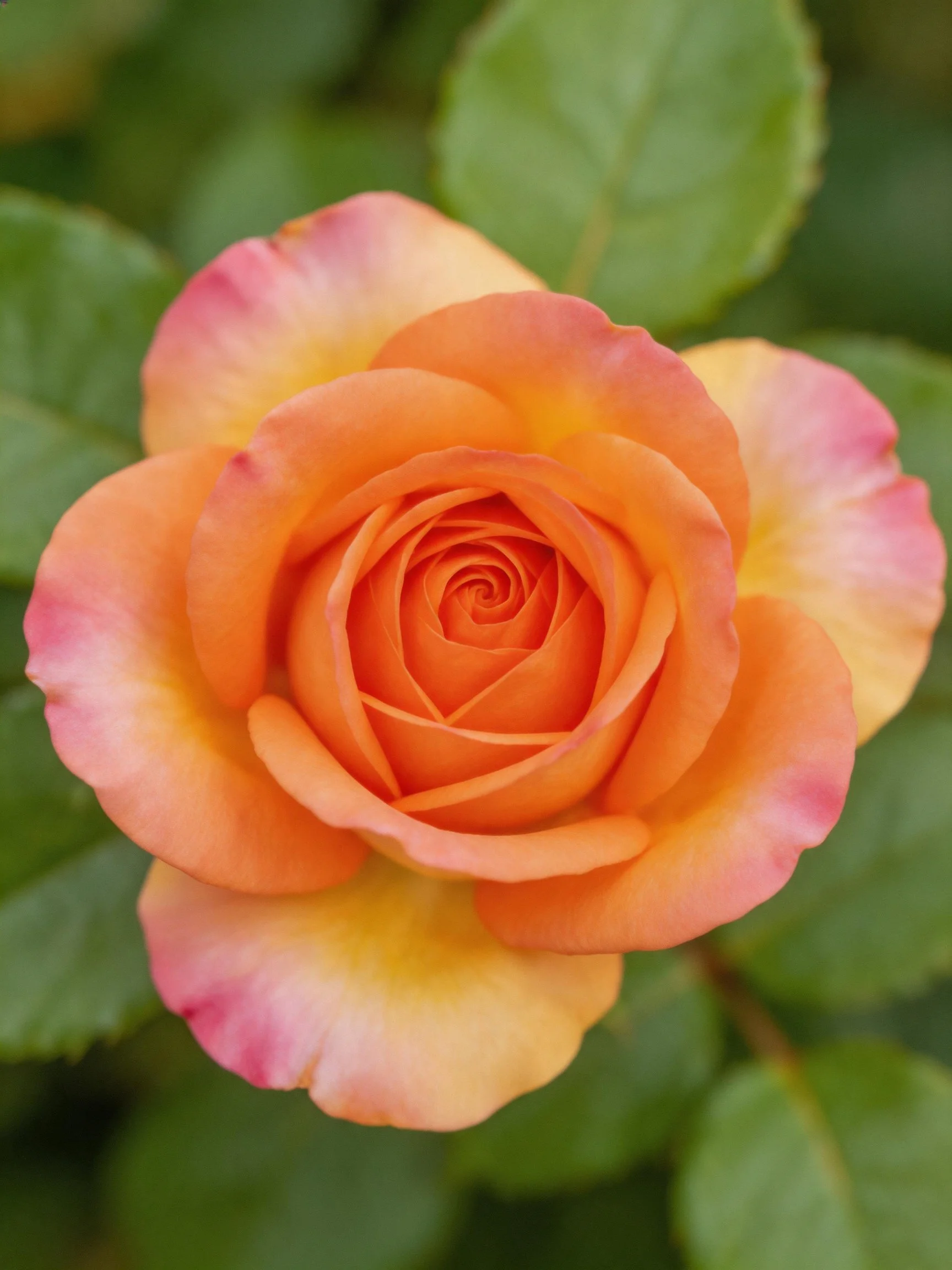 A vibrant orange-pink rose with yellow petal accents and green leaves