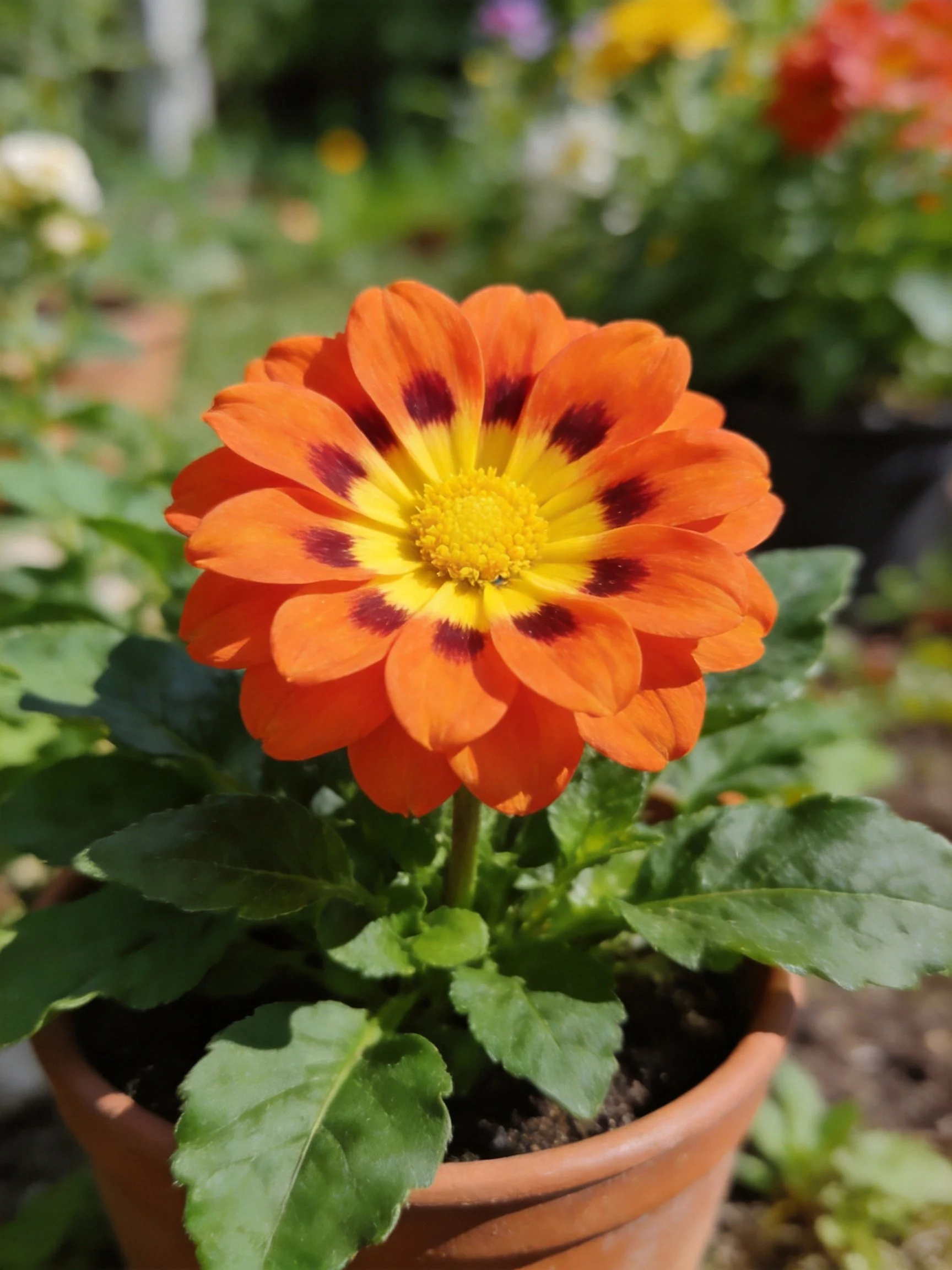 A vibrant orange potted flower with yellow and maroon accents