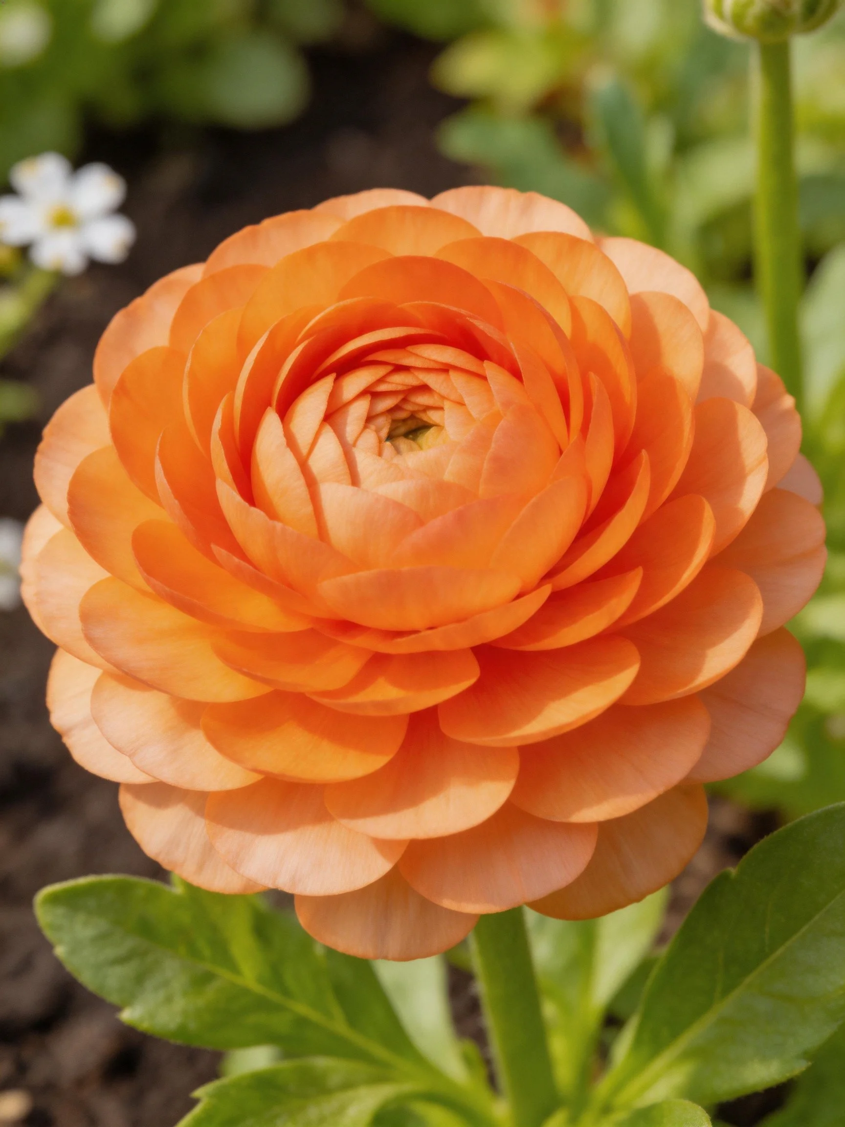 A vibrant orange ranunculus flower with layered petals