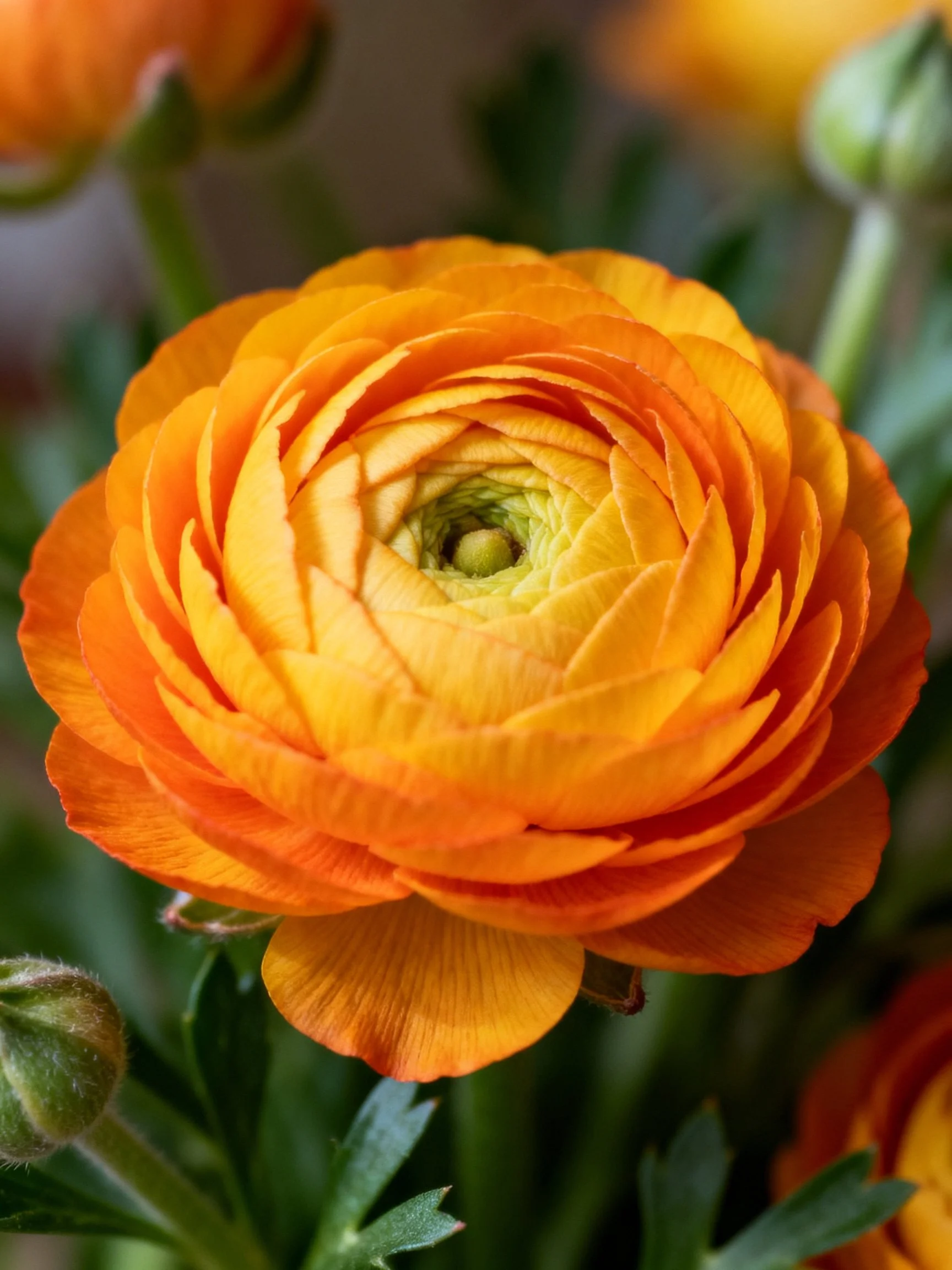 A vibrant orange ranunculus flower with layered petals and green buds