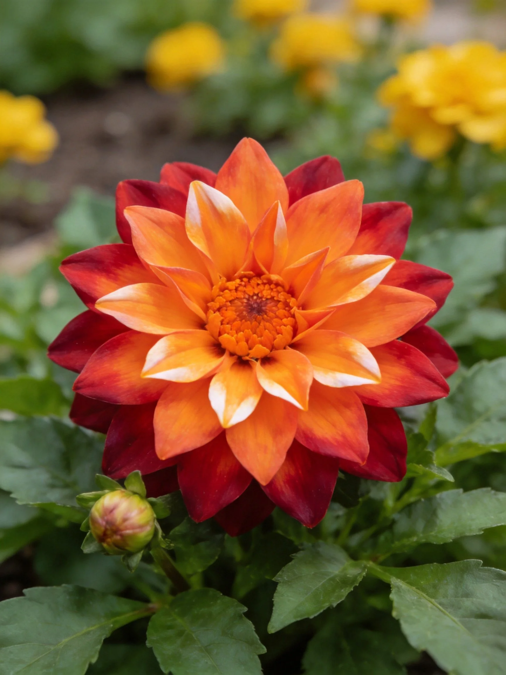 A vibrant orange-red dahlia blooms among green foliage and yellow flowers