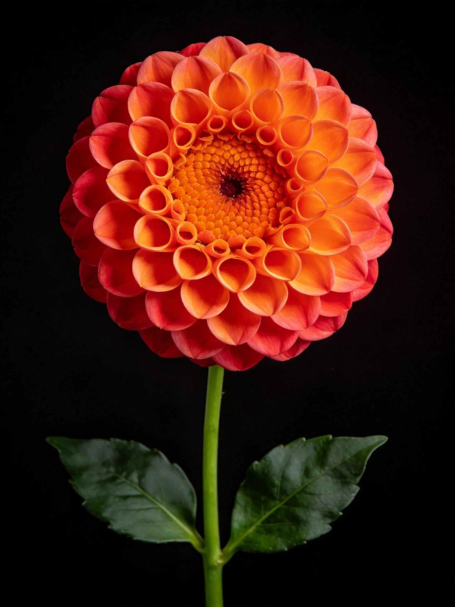 A vibrant orange-red dahlia with layered petals against black